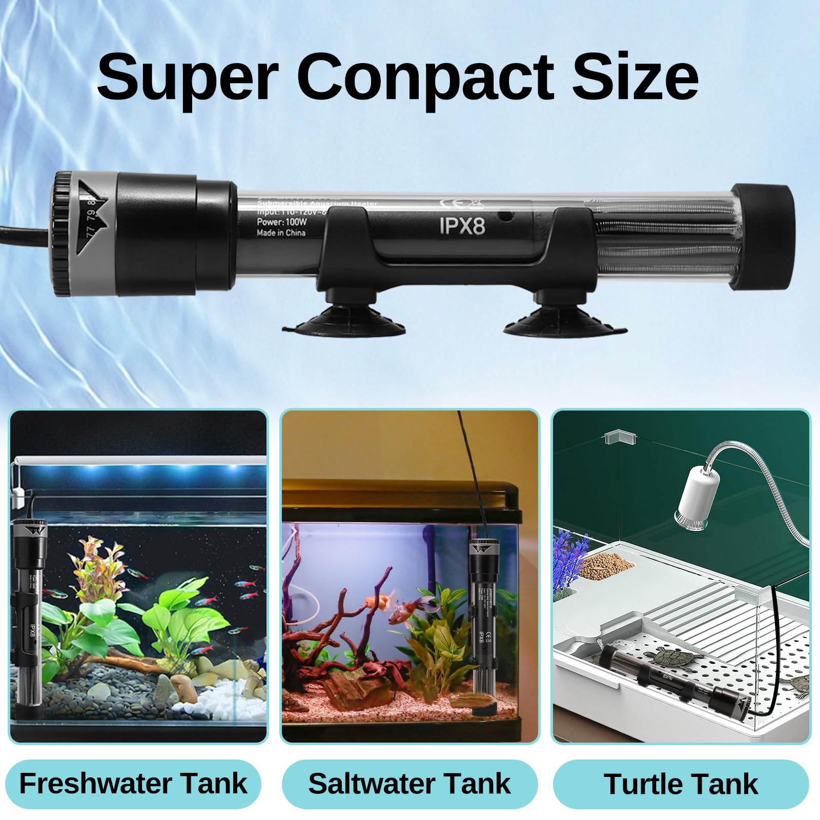 SainSmart XpertMatic 100W Submersible Aquarium Heater with Adjustable Thermostat & Suction Cups - for Marine Saltwater & Freshwater Fish Tanks up to 20 Gallons - Perfect for Tropical Fish, Betta Tanks & Aquatic Pets
