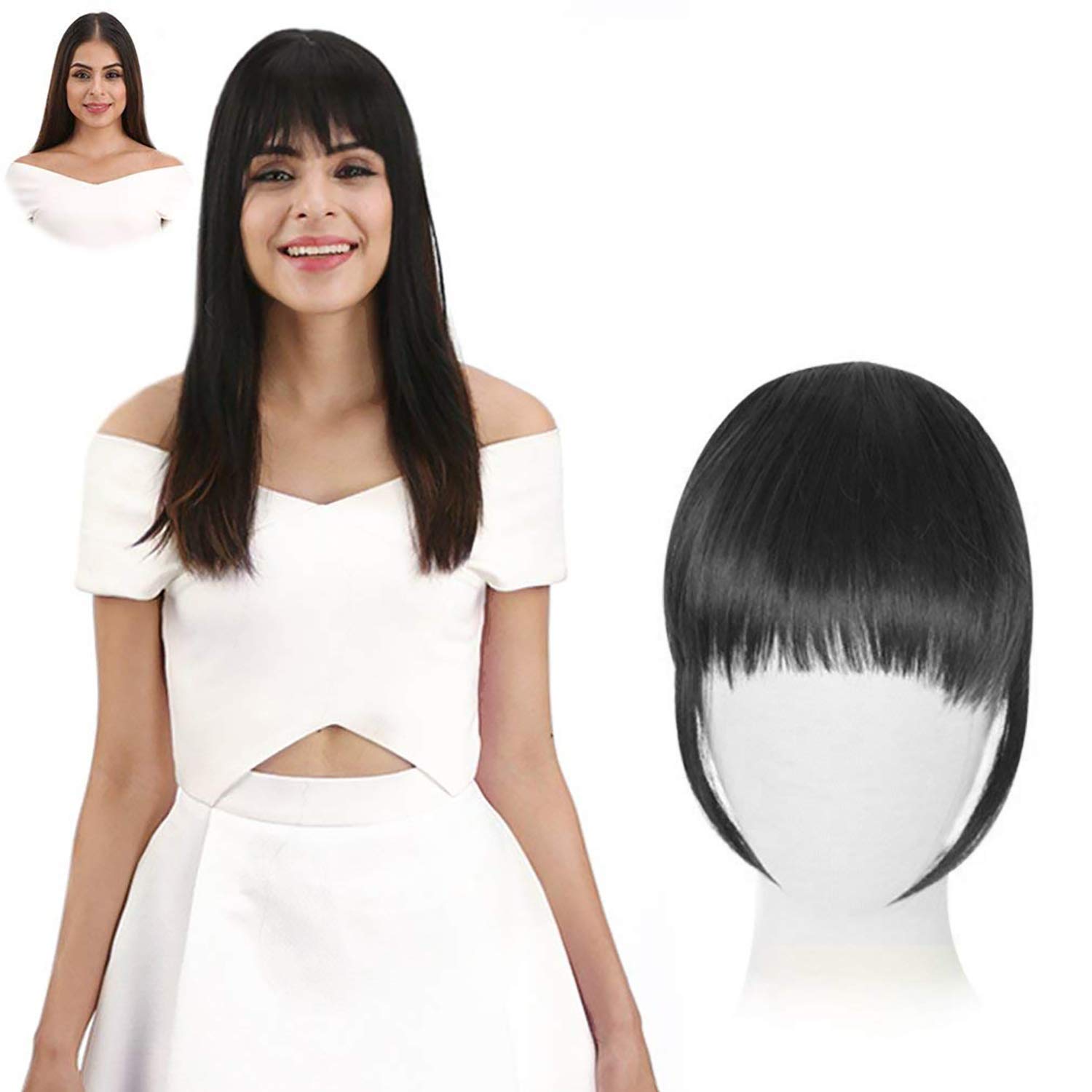 BOXO Synthetic Hair Extensions for Women - Black Front Hair Fringe Clip-in Bangs (1 Pack) | Natural Look for Daily Wear, Cosplay & Costume Parties