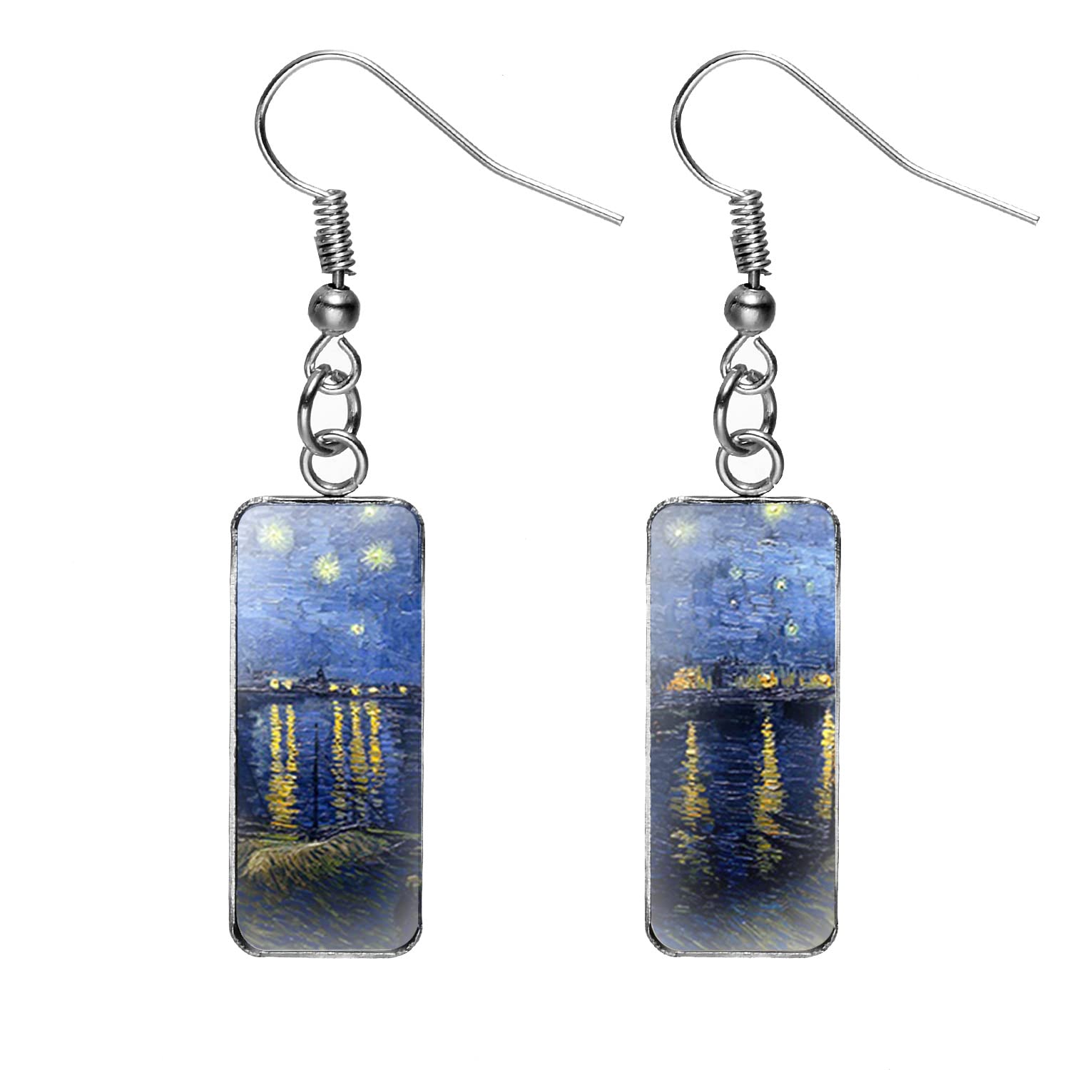 Van Gogh Starry Night & Sunflower Drop Dangle Earrings - Abstract Art Glass Rectangle Earrings for Women & Girls - Perfect for Date Night, Office Wear & Artistic Jewelry Collection