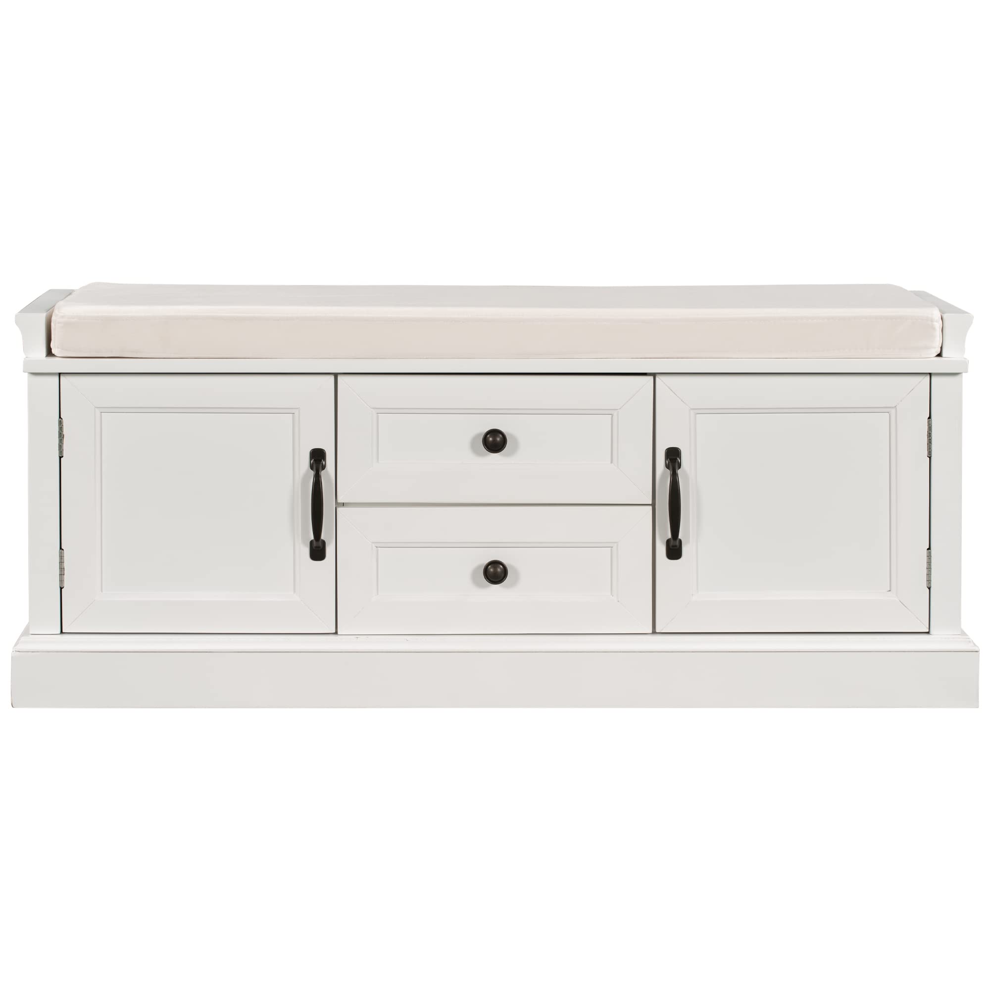 Rustic White Wooden Storage Bench with 2 Cabinets & 2 Drawers, Removable Cushion - Entryway Shoe Bench for Bedroom, Hallway & Living Room Organization | Perfect for Small Spaces & Home Decor