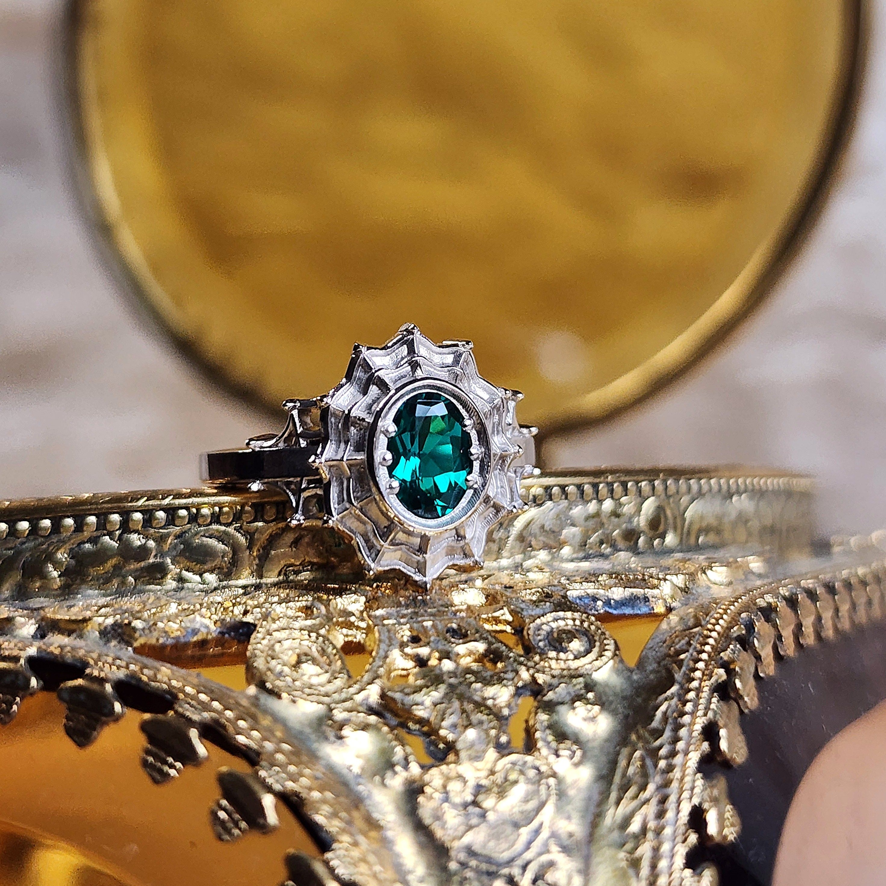 14k Gold Oval Morticia Spider Web Engagement Ring - Custom Chatham Gemstone Choice | Perfect for Gothic Weddings, Halloween Proposals & Unique Jewelry Collections