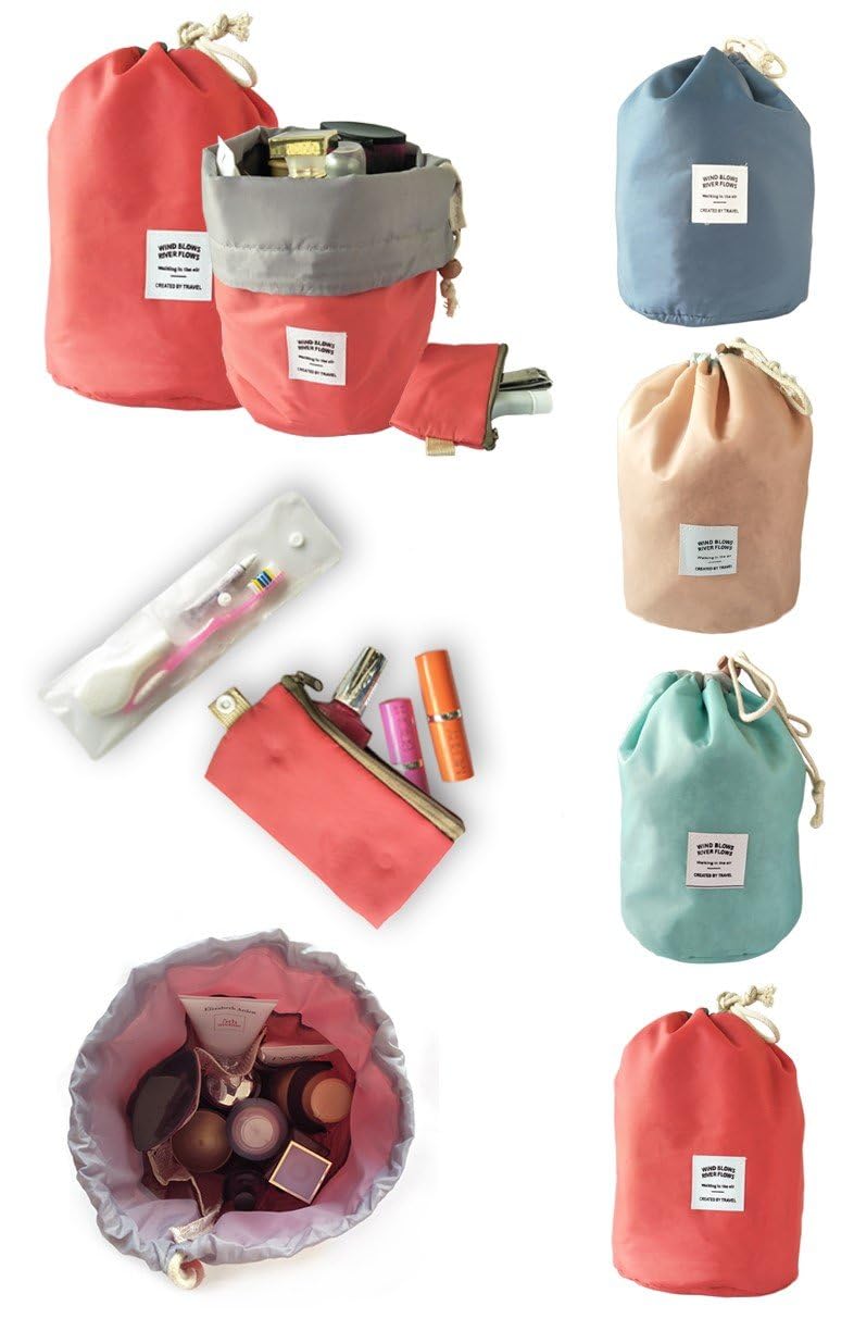 Stylish Peach Bucket Barrel Shaped Travel Cosmetic Makeup Bag for Women & Girls - Perfect for Travel, Gym, and Daily Organizer | AARNAVKART