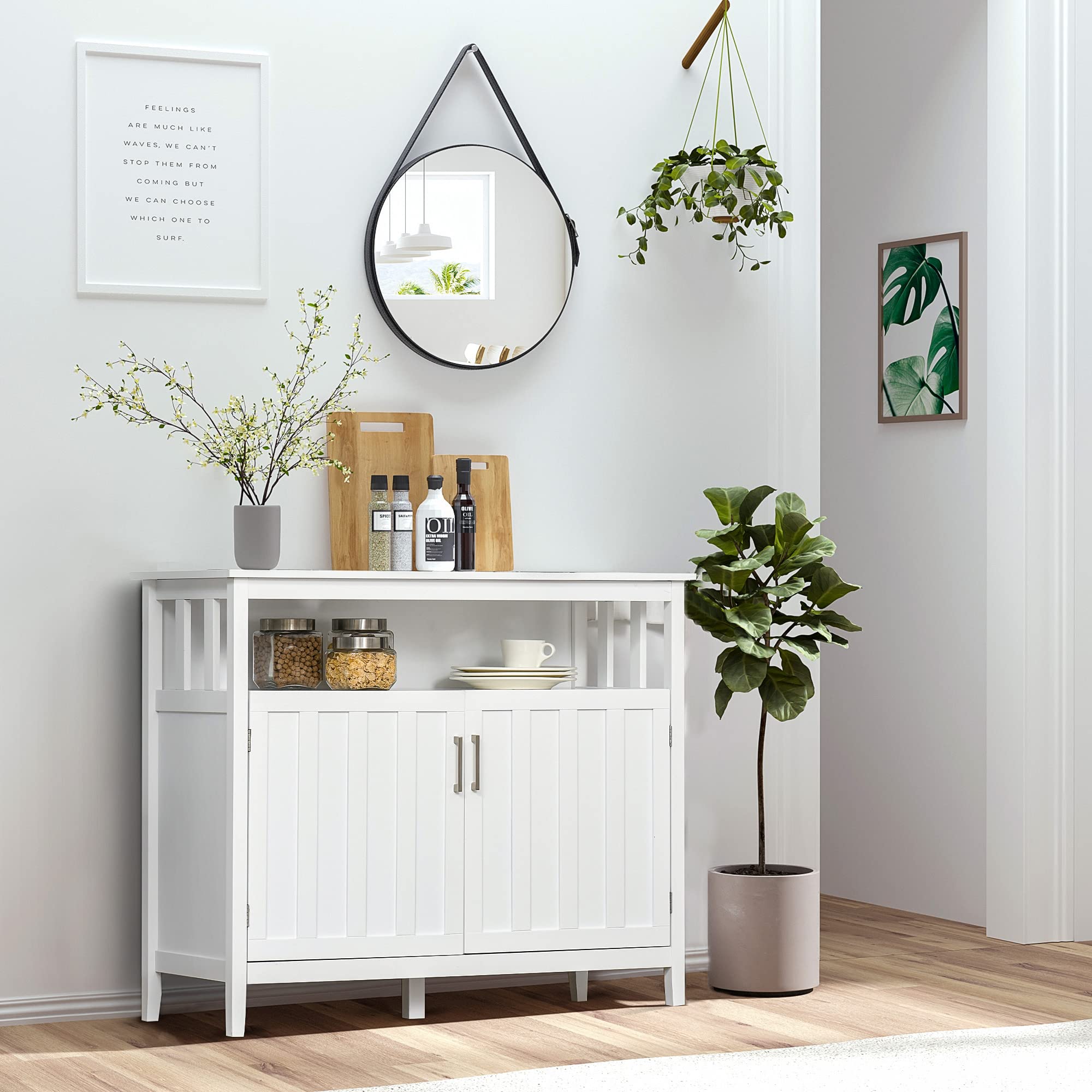 HOMCOM White Sideboard Buffet Cabinet - 2 Door Kitchen Storage Cabinet with Adjustable Shelves for Entryway, Living Room, Dining Room | Perfect for Coffee Bar, Home Organization & Small Space Decor