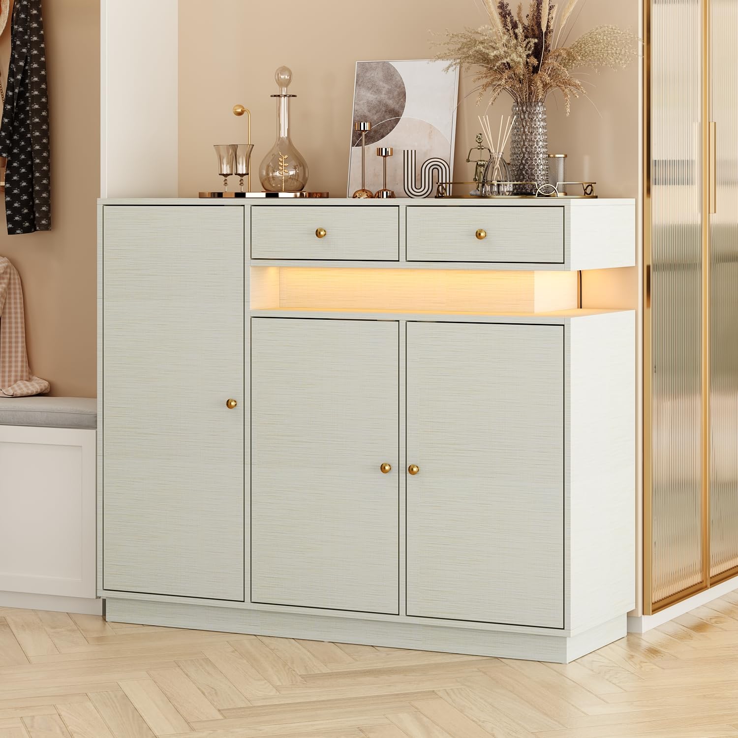 ECACAD LED Shoe Storage Cabinet with 3 Doors, 2 Drawers & 10 Compartments - Free Standing Shoe Organizer for Entryway, Living Room, Bedroom - Light Grey Shoe Rack for Sneakers, Boots & Heels Storage | Perfect for Small Spaces & Closet Organization