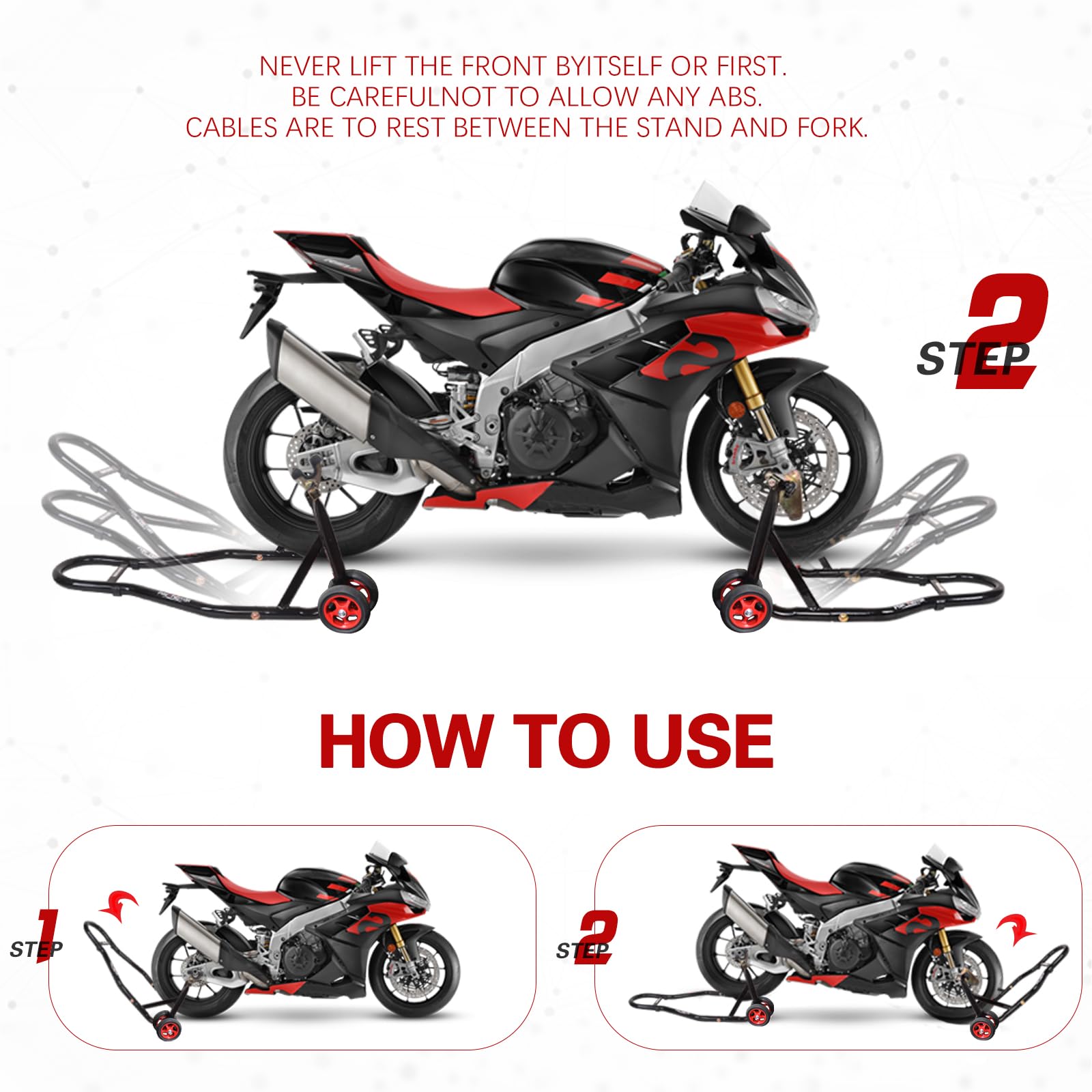 MOTO4U Universal Motorcycle Front & Rear Wheel Lift Stand Combo - Swingarm Spool Paddock Stand for Bike Maintenance (Red Wheel) - Perfect for Garage, Workshop & DIY Motorcycle Repair
