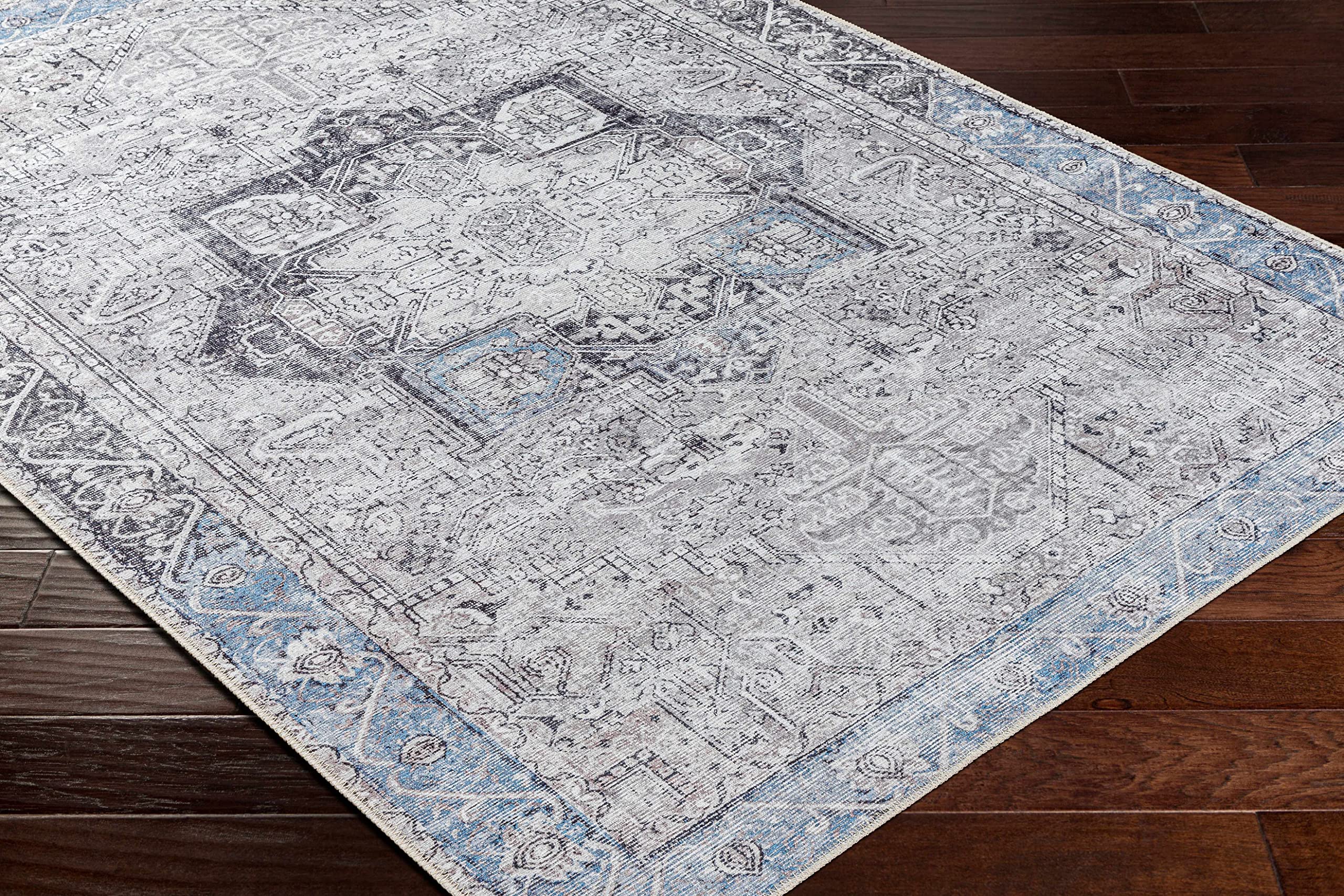 Hauteloom Rini Traditional Machine Washable Area Rug - Beige, Anthracite, Blue - 6'7
