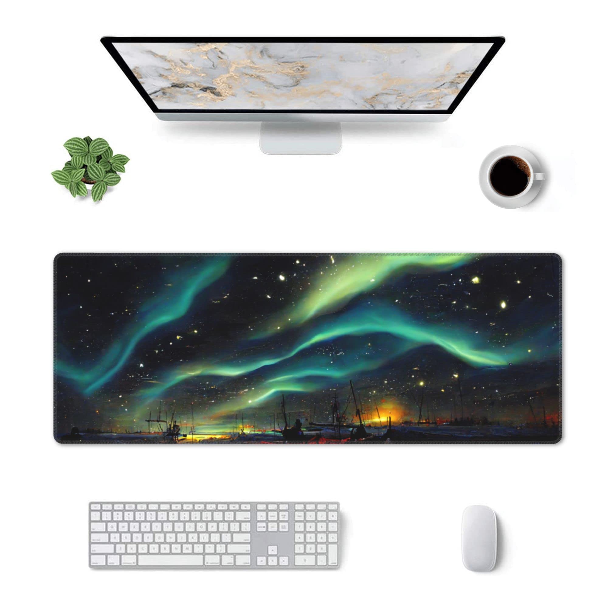 Northern Lights Starry Sky Extended XL Gaming Mouse Pad - 31.5x11.8 Inch Large Desk Mat with Non-Slip Base & Stitched Edge for PC, Laptop, Office & Home Workstation | Perfect for Gamers, Programmers & Office Professionals