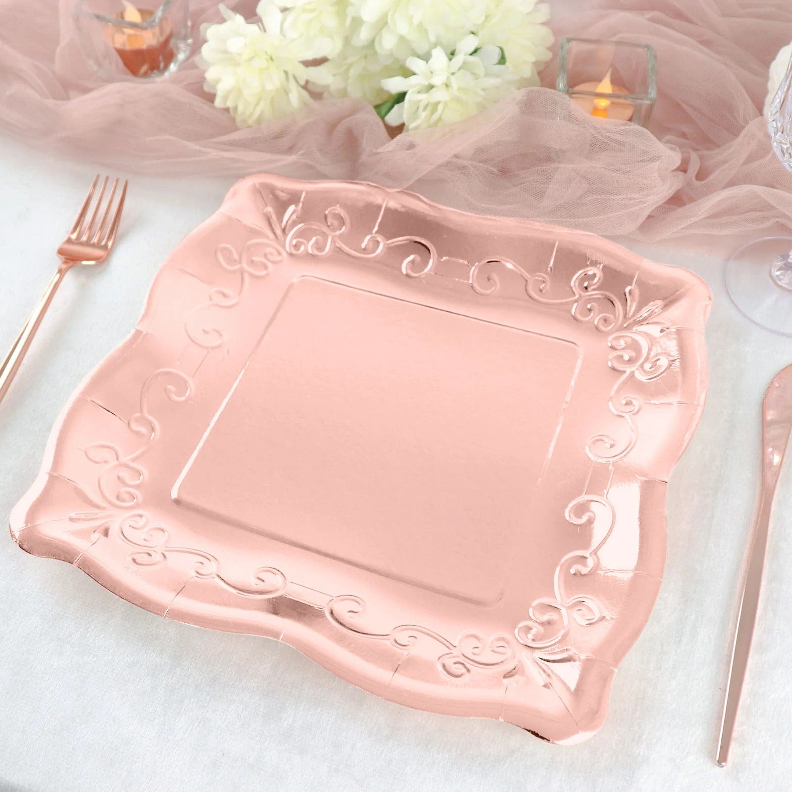 25 Pack Square Disposable Dessert Plates with Elegant Scroll Design - Perfect for Parties, Weddings, and Dinner Events