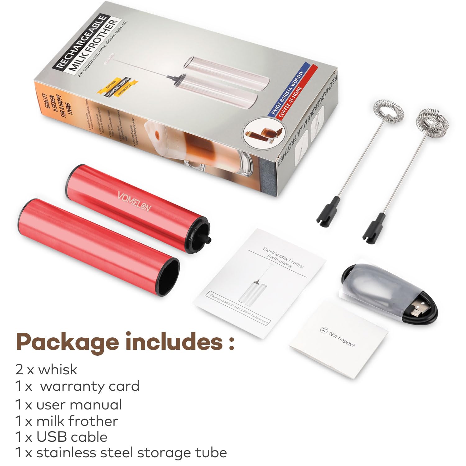 Rechargeable Milk Frother for Coffee, Latte & Cappuccino - Portable Battery Operated Drink Mixer with 2 Stainless Steel Whisk Heads - Perfect for Keto Coffee, Hot Chocolate & Foamy Drinks at Home or Office (Ruby Red)