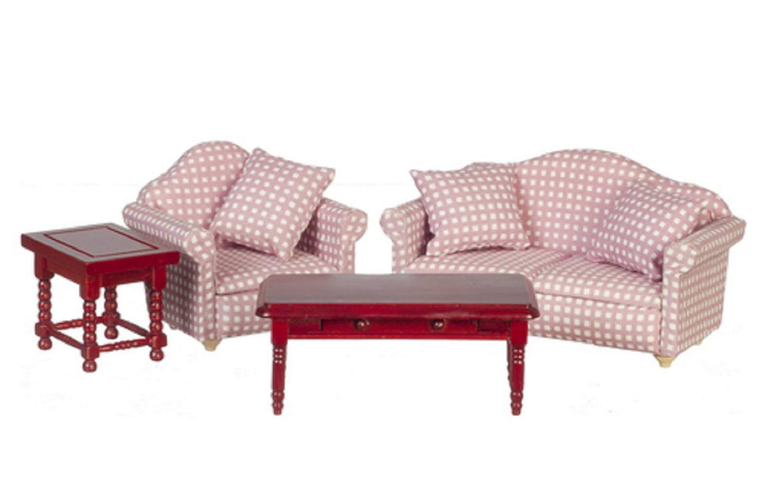 7-Piece Modern Dollhouse Living Room Furniture Set - Mahogany & Pink Miniature Sofa, Chair & Table for Dollhouse Decor | Perfect for Collectors & DIY Miniature Scenes