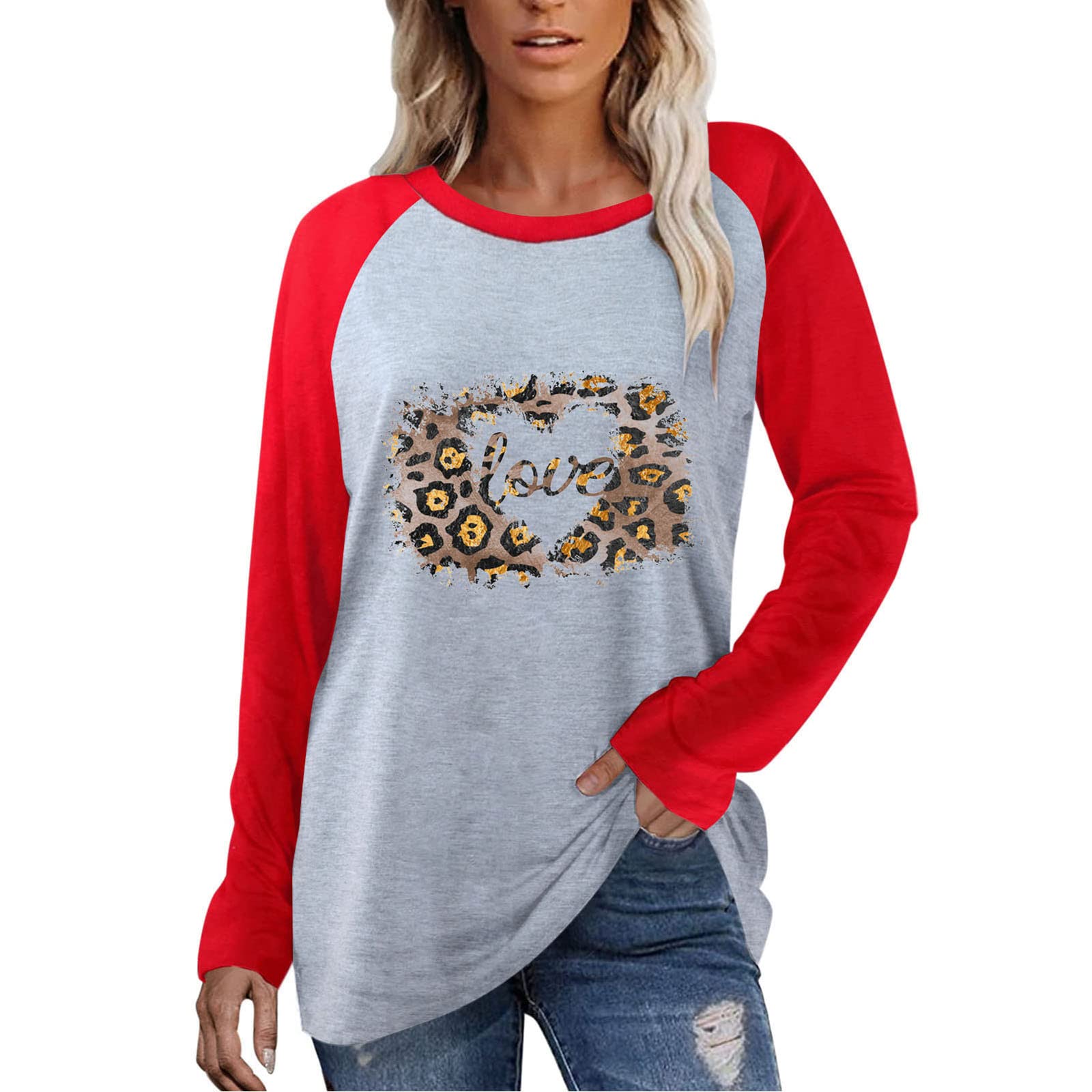 Valentine's Day Women's Color Block Long Sleeve Crewneck Sweatshirt Tunic Top - Stylish Blouse for Leggings | Perfect for Date Nights, Casual Outings & Holiday Gifts