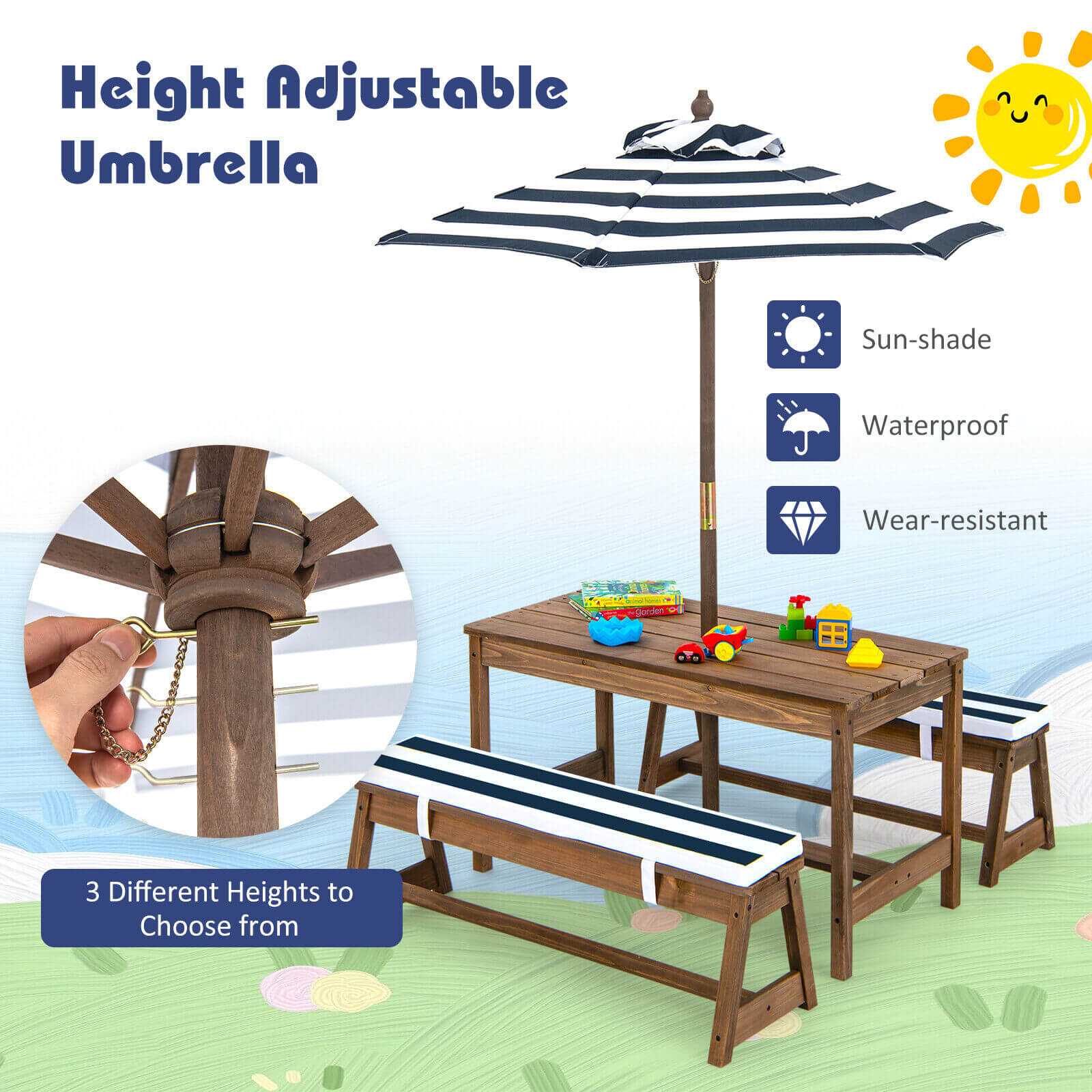 Adjustable Height Kids Picnic Table and Bench Set with Cushions & Umbrella - Outdoor Play Furniture for Backyard, Garden, and Patio - Perfect for Birthday Parties and Family Gatherings (Blue)