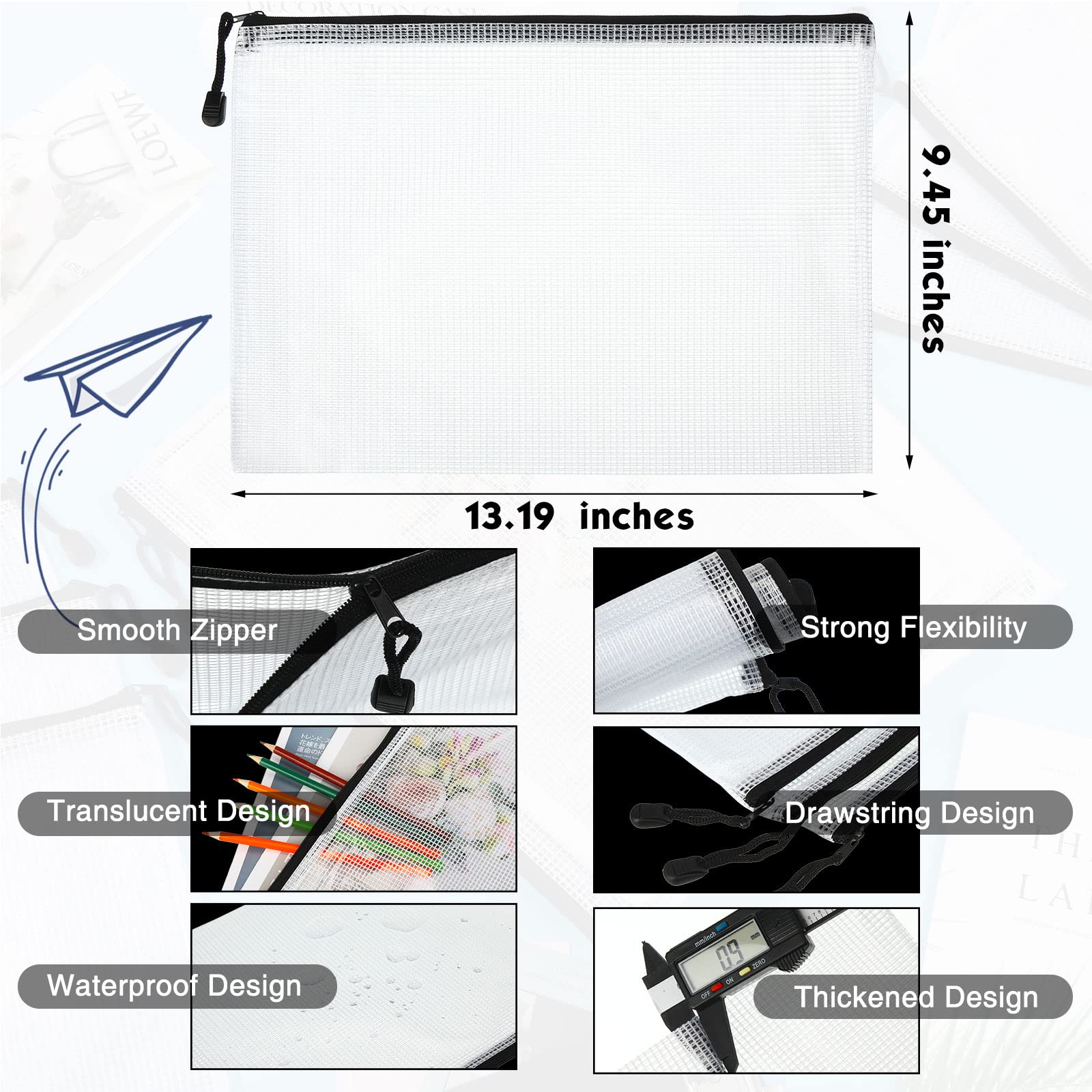 100 Pcs Waterproof Mesh Zipper Pouch Organizer Bags - A4 Size (13.19 x 9.45 in) Plastic File Folders for School, Office, Travel & Home Organization - Perfect for Documents, Board Games, Puzzles & Craft Supplies (Black Zipper)