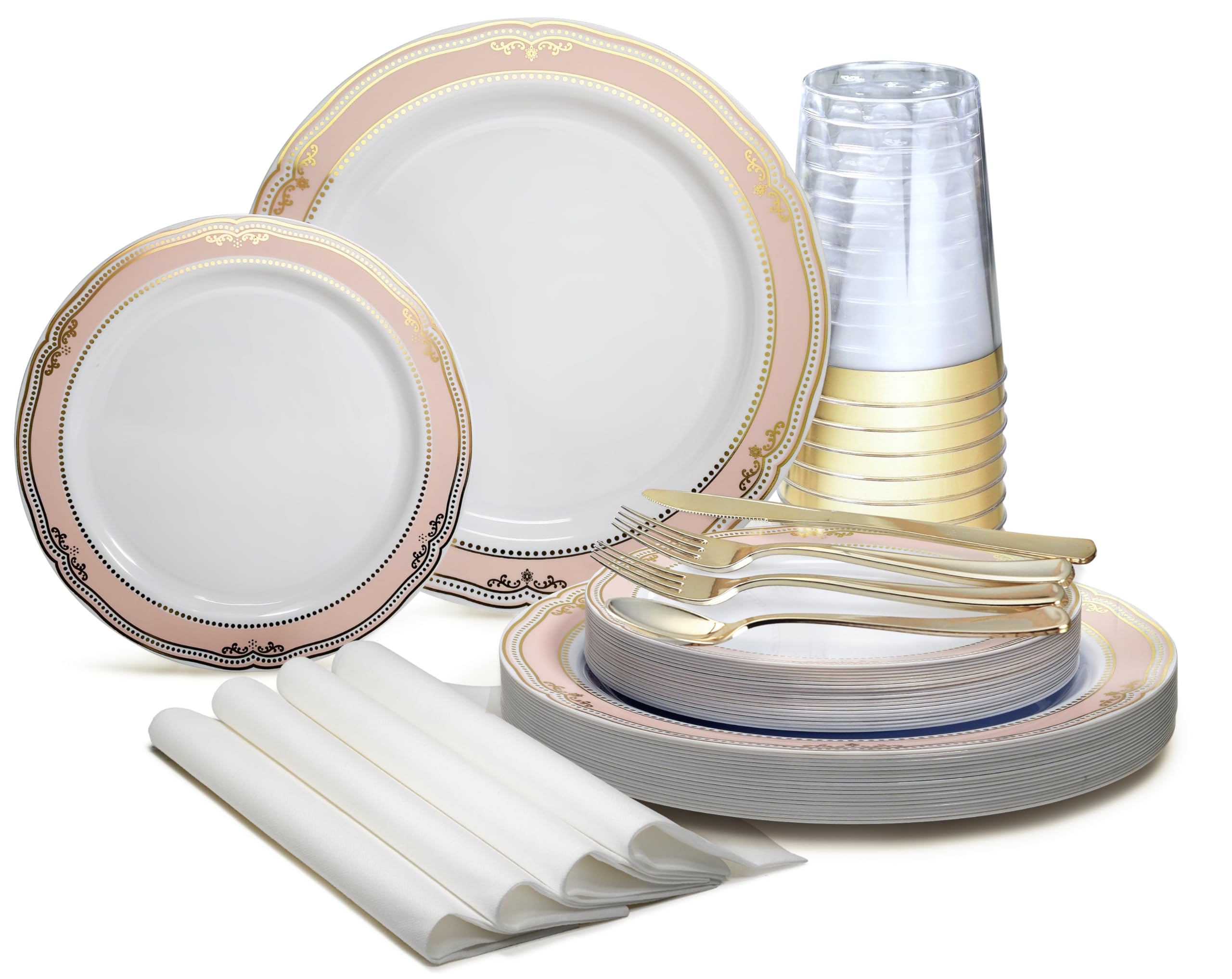 960-Piece Wedding Party Disposable Plastic Plate Set - 120 x 10.25'' Plates, 120 x 7.5'' Plates, Silverware, Cups & Napkins in White/Blush & Gold Scalloped Design - Perfect for Weddings, Bridal Showers & Large Events