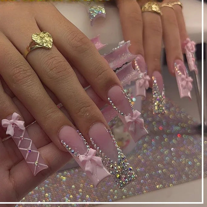 24Pcs French Tip Press on Nails - Long Glitter Rhinestone False Nails with 3D Bow Tie Designs | Wearable Y2K Fake Nails Kit Includes Jelly Glue | Perfect for Parties, Weddings, and Special Occasions