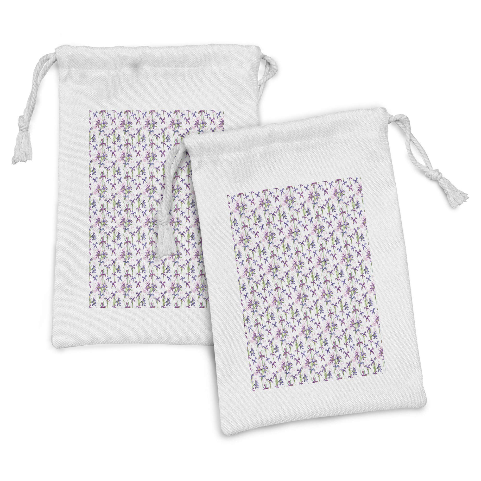 Ambesonne Floral Fabric Pouch Set of 2 - Blue & Purple Watercolor Iris Flowers Drawstring Bags (9