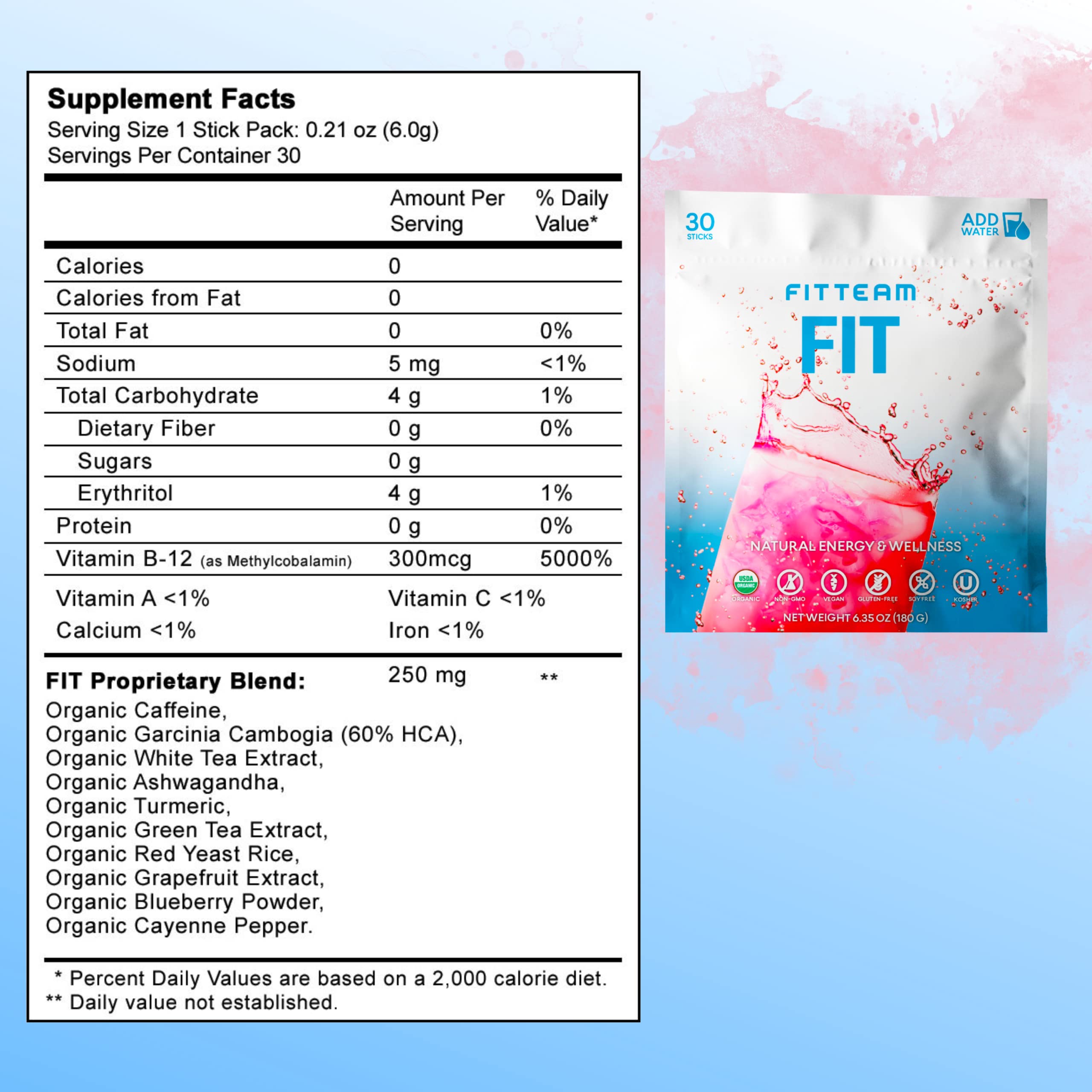 FITTEAM Organic Energy Drink Mix Sticks - Boost Mental Focus, Energy & Metabolism with Antioxidants - Mood Support Wellness Beverage - 30 Individually Wrapped Packets - Perfect for Workouts, Office & Travel Energy Boost