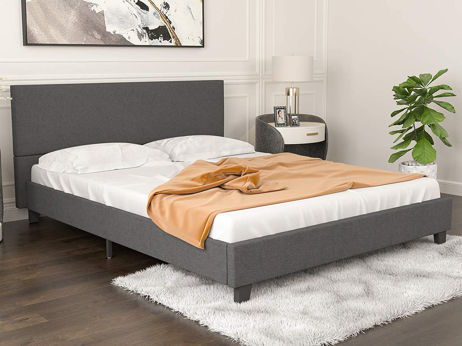 Full Size Wooden Bed Frame with Headboard & Slat Support - Low Profile Platform Bed, No Box Spring Needed - Perfect for Modern Bedrooms & Small Spaces