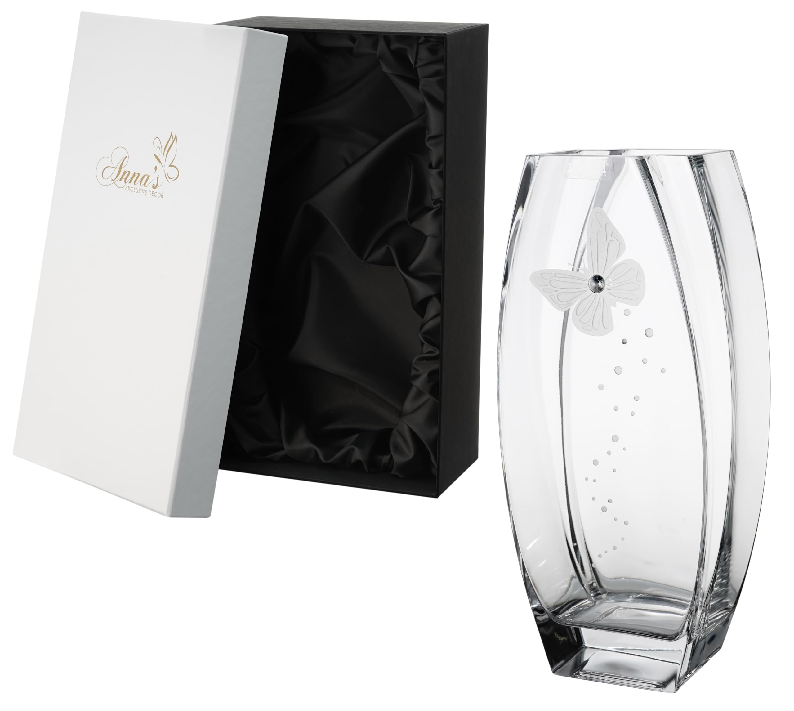 Luxury Handmade Butterfly Glass Vase with Swarovski Crystals & Etched Design - Elegant Satin-Lined Gift Box - Diamond Collection - 12.6 Inch (32 cm) Home Decor - Perfect for Wedding Centerpieces, Anniversary Gifts & Luxury Home Accents