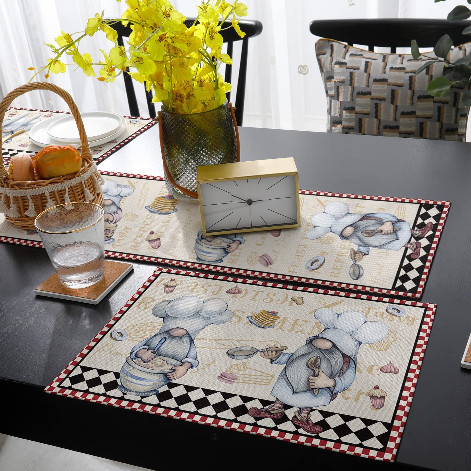 Fat Chef Table Runner Set with 4 Placemats - 13x90 Inch Checkered Black White Red Plaid Kitchen Decor - Machine Washable for Indoor & Outdoor Dining, Parties, and Holiday Decorations