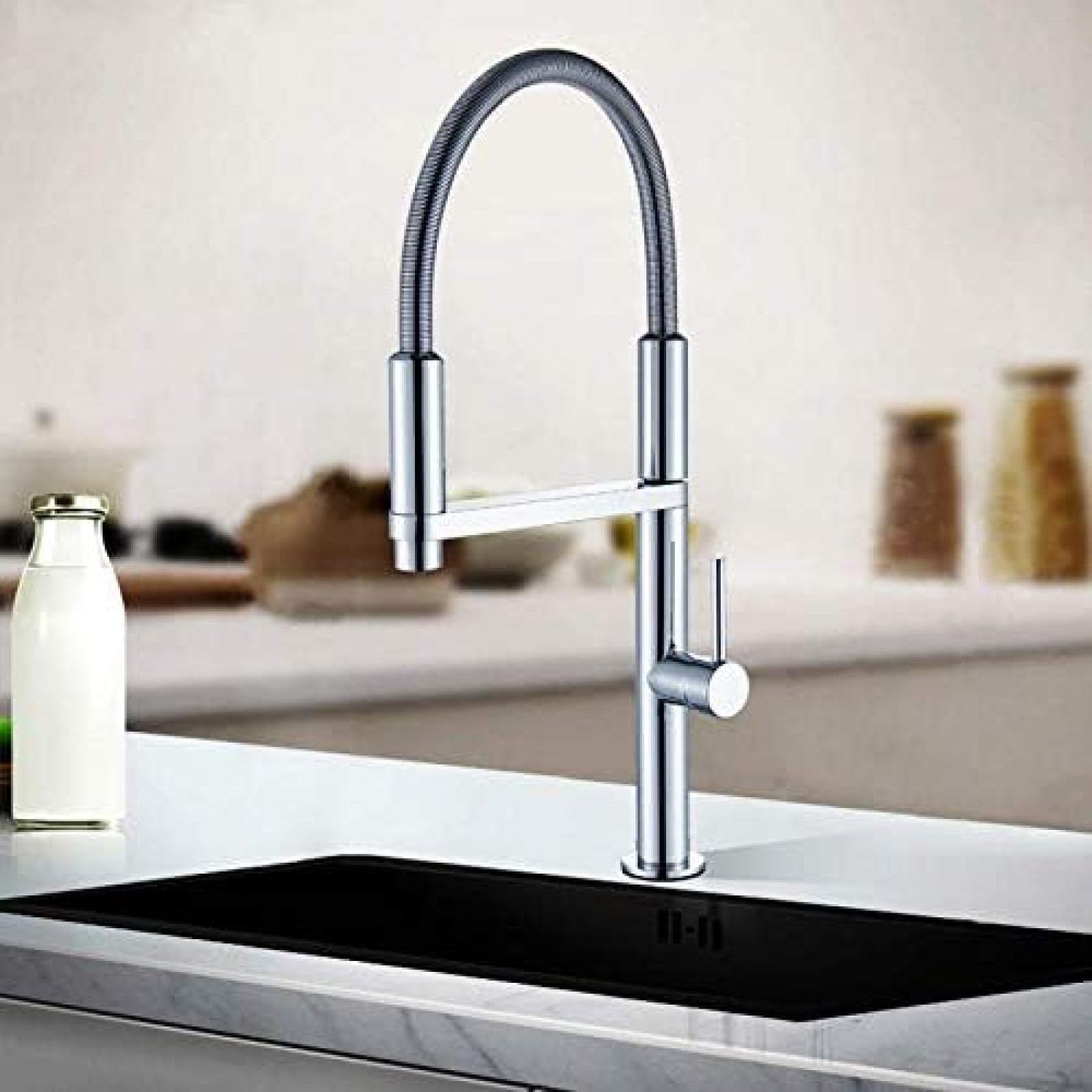 CRJUS Chrome Polished Pull-Out Magnetic Docking Kitchen Faucet - Single Handle Vessel Sink Mixer Tap with High Arc Spout | Perfect for Modern Kitchens, Bar Sinks & RV Campers