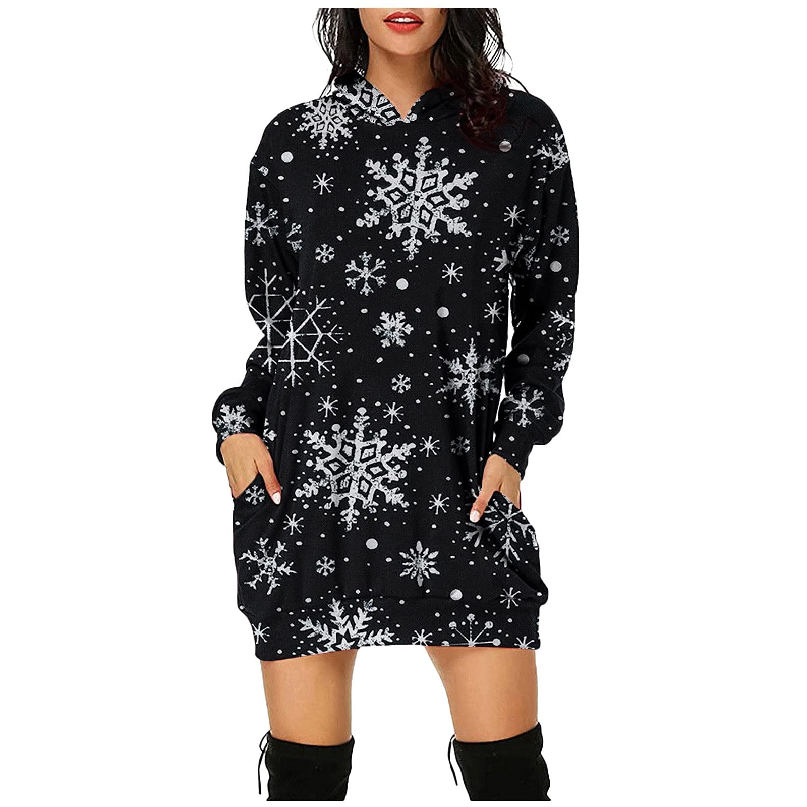 Women's Christmas Print Hooded Dress - Long Sleeve Pocket Mini Dress with Loose Fit | Holiday Party Outfit, Christmas Gift, Winter Fashion, Casual Wear