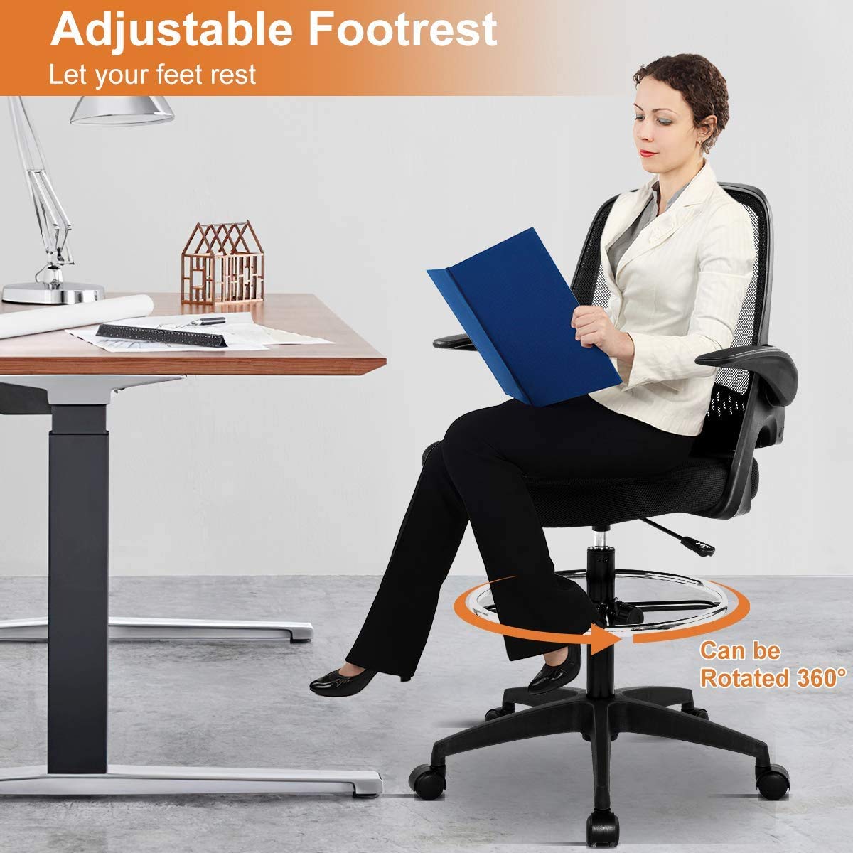 Ergonomic Drafting Chair with Flip-Up Arms & Footrest - Adjustable Height Swivel Rolling Office Chair for Standing Desk, Bar High Desk - Supports 250lbs - Perfect for Artists, Architects & Home Office Use