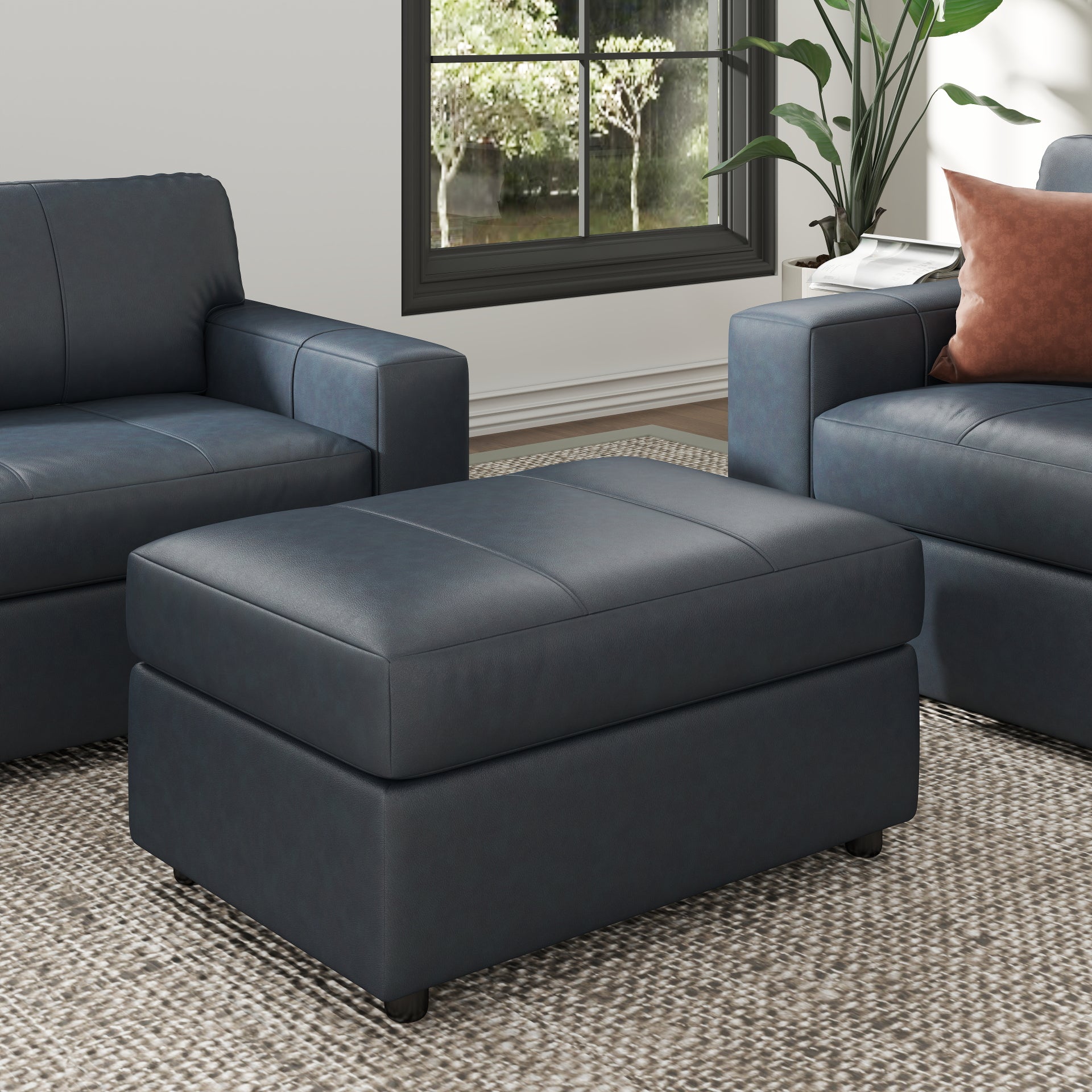 Roundhill Furniture Sakan Leather Upholstered Ottoman - Premium Leather Footrest Stool with Storage for Living Room, Bedroom & Home Decor