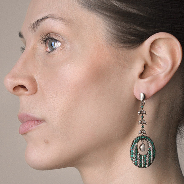 Vintage Austro-Hungarian Sterling Silver Gilt Pearl & Faux Emerald Earrings - Antique Jewelry for Weddings, Parties & Special Occasions