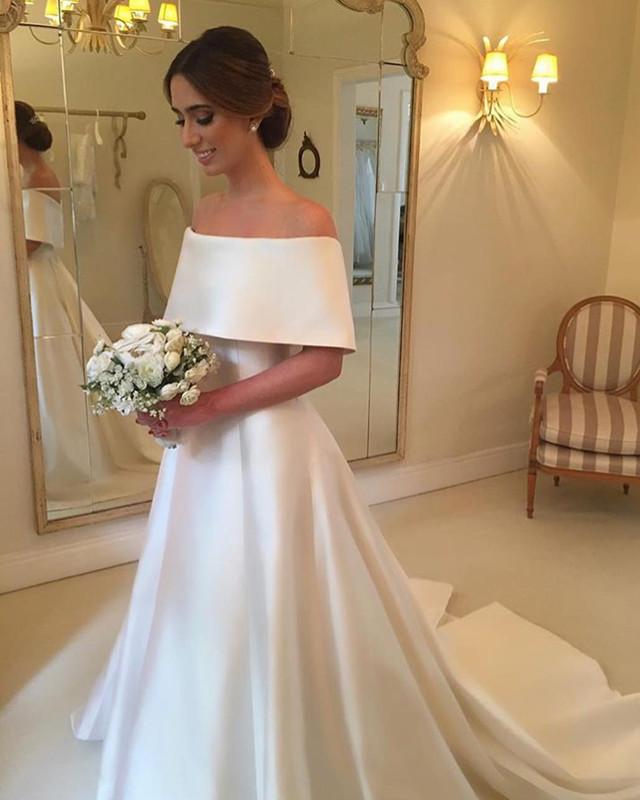 Elegant A-Line Off-the-Shoulder Long Satin Wedding Dress for Brides - Perfect for Beach, Church, and Formal Ceremonies