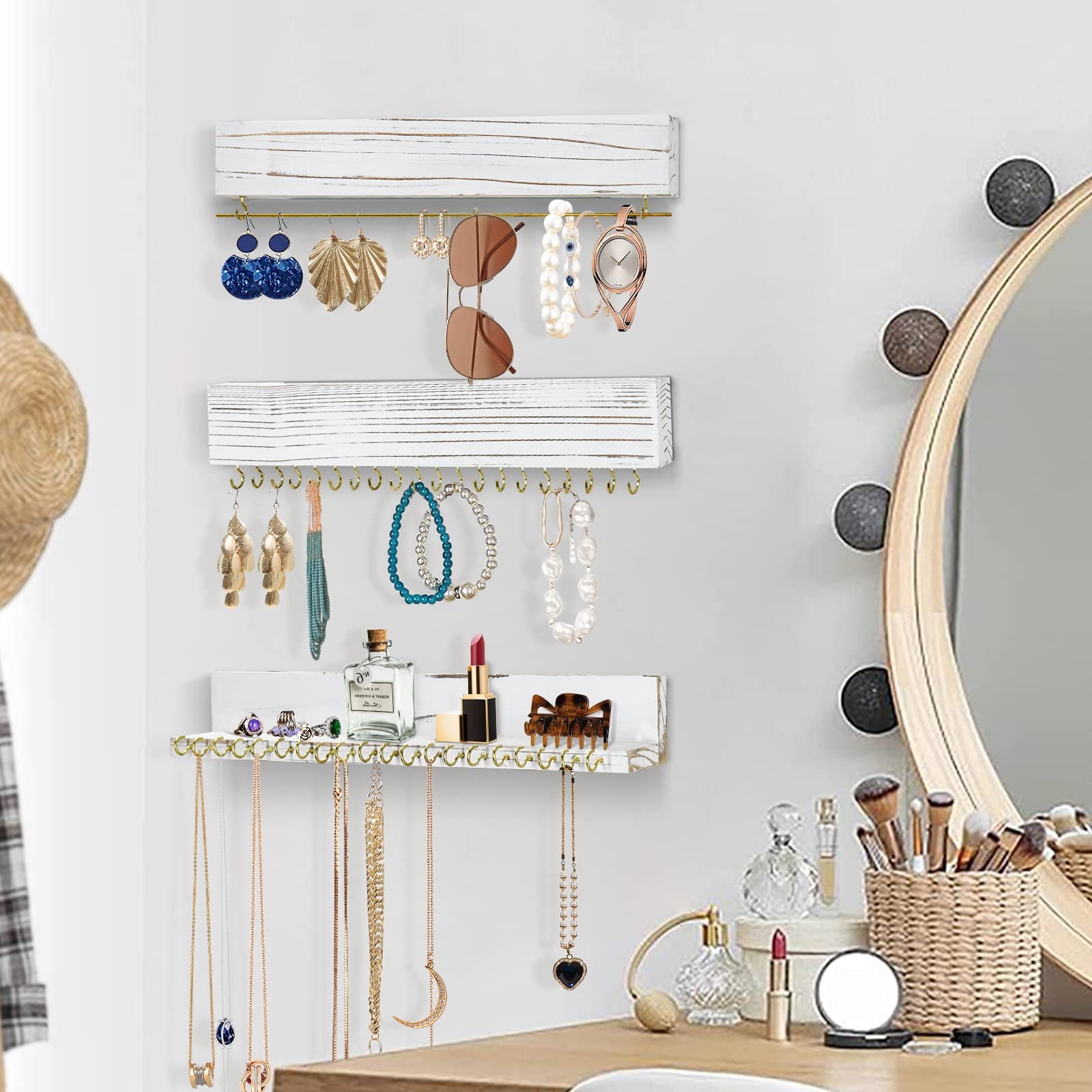 Y&ME YM Hanging Jewelry Organizer - Wall Mounted Necklace, Ring & Earring Holder with 24 Hooks & Removable Bracelet Rod | Jewelry Display & Storage for Women | Perfect for Bedroom, Closet & Travel Organization
