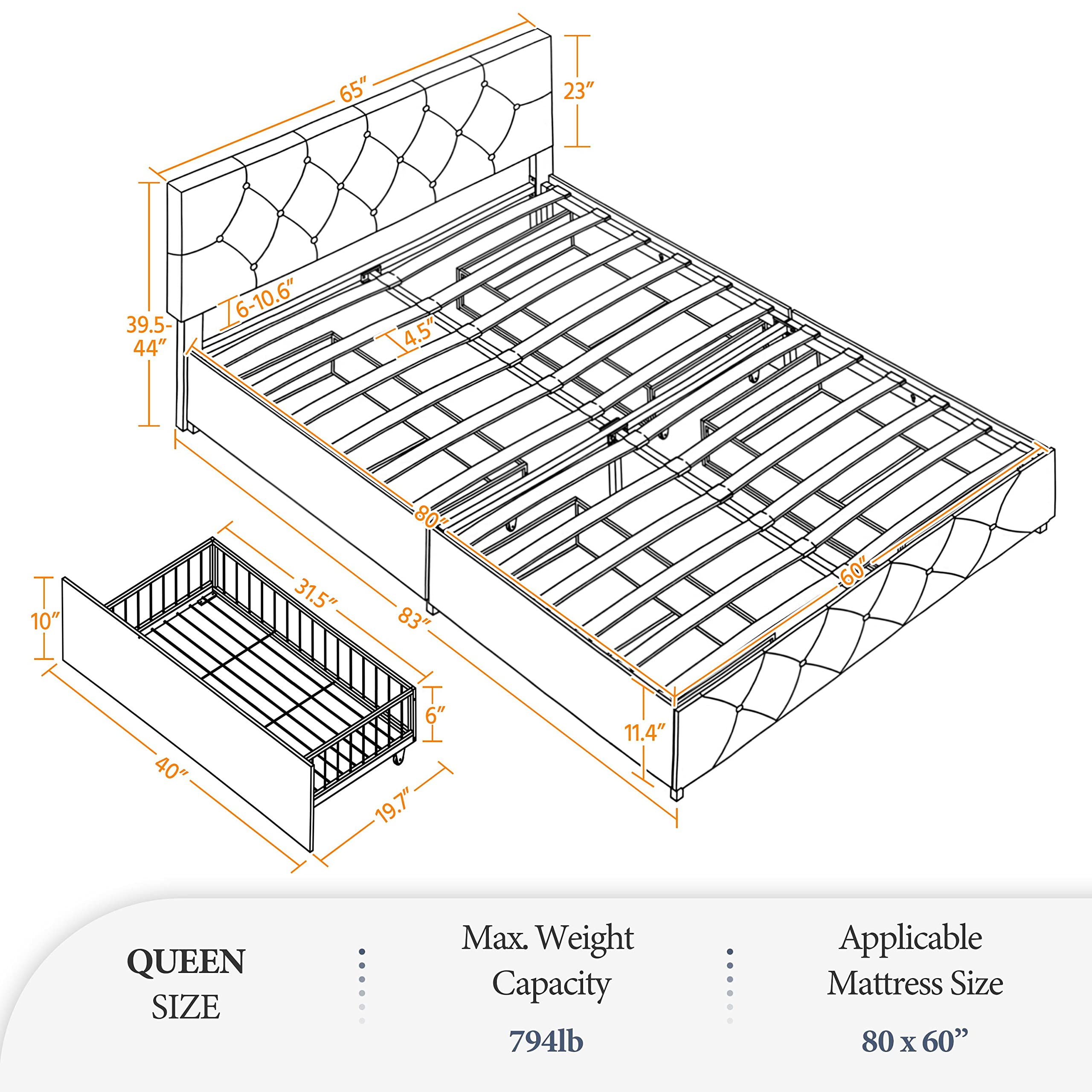 Topeakmart Queen Upholstered Bed Frame with Adjustable Headboard, 4 Storage Drawers & Wood Slat Support - Tufted Faux Leather Platform Bed, No Box Spring Needed (Black Brown) - Perfect for Small Bedrooms, Guest Rooms & Space-Saving Storage Solutions