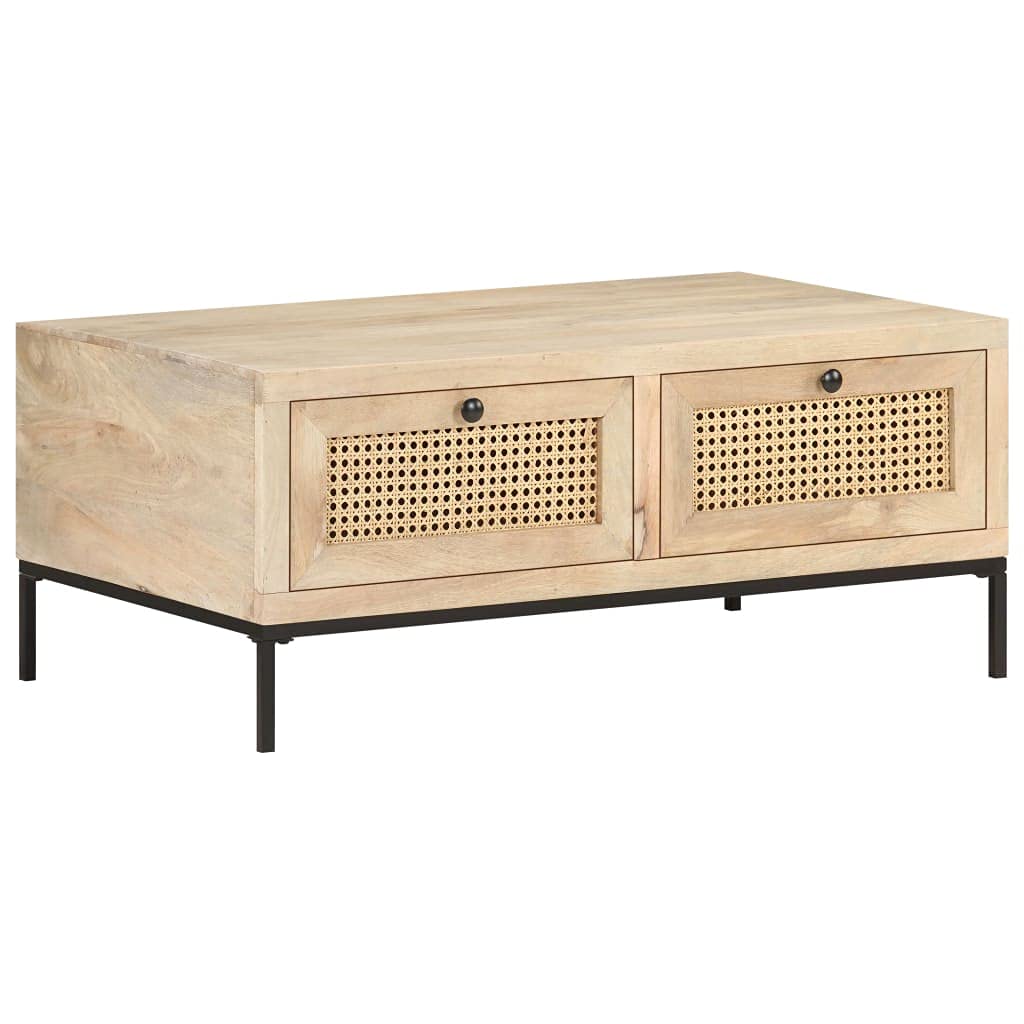 Industrial Rectangular Coffee Table - Solid Mango Wood & Natural Cane with Steel Base - Modern Farmhouse Living Room Furniture for Home Decor, Lounge, and Entertainment Areas