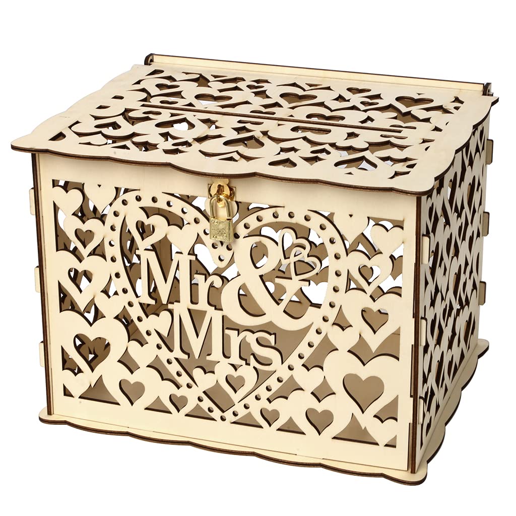 Alnicov Wooden Wedding Card Box with Lock Slot - DIY Money Gift Box for Wedding, Anniversary, Birthday & Graduation Parties - Large Size Mr & Mrs Decorative Keepsake - Perfect for Reception Decor & Cash Gift Collection