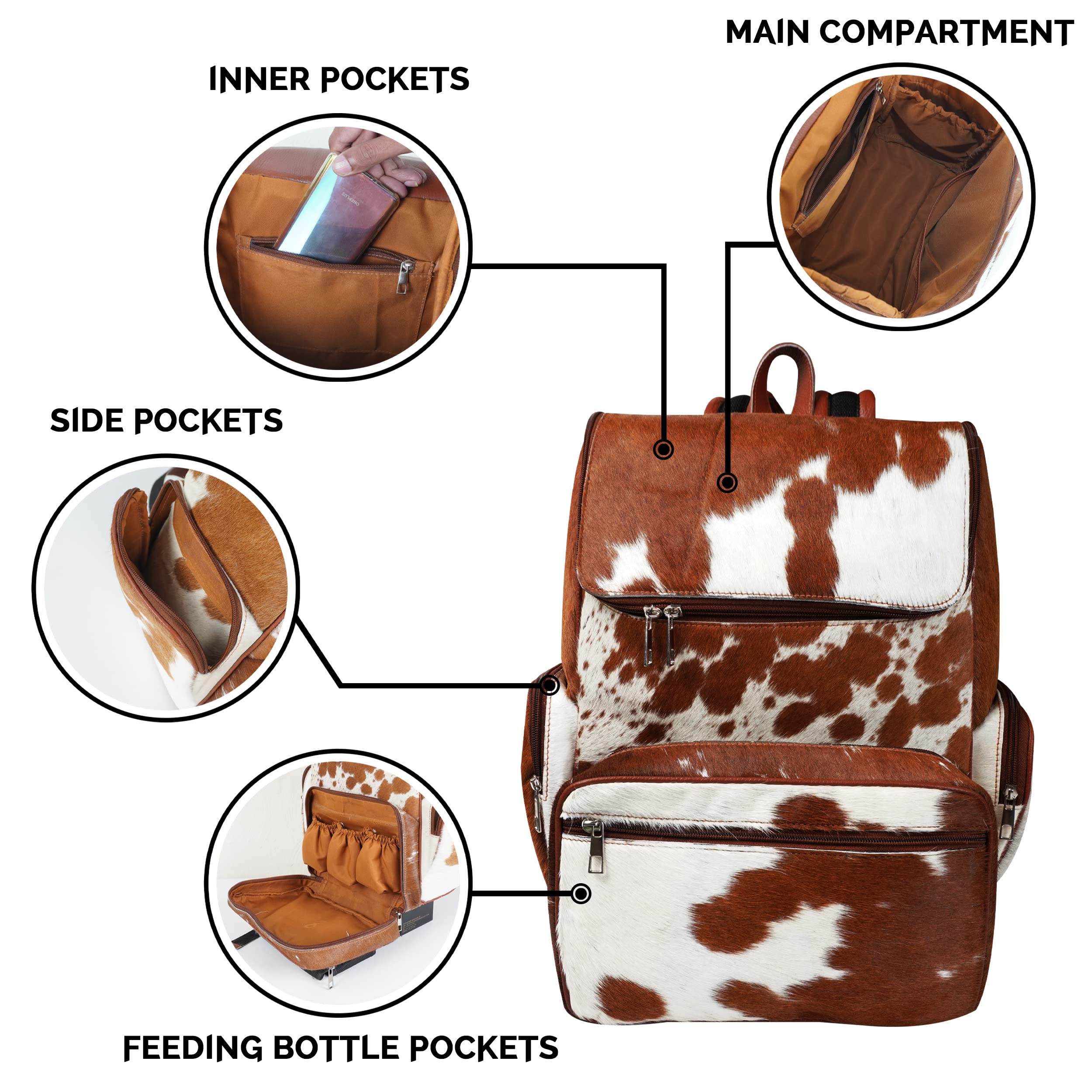 Premium Cowhide Hair Print Diaper Backpack - Stylish Brown & White Travel Shoulder Bag for Moms | Waterproof Baby Essentials Organizer | Perfect for Parenting, Outings & Air Travel