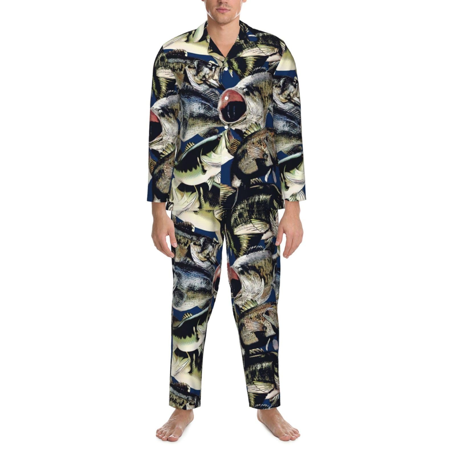 Men's Fish Print Pajama Set - Long Sleeve Button Down Sleepwear with Pockets | Comfortable Lounge Wear for Home, Travel & Relaxation