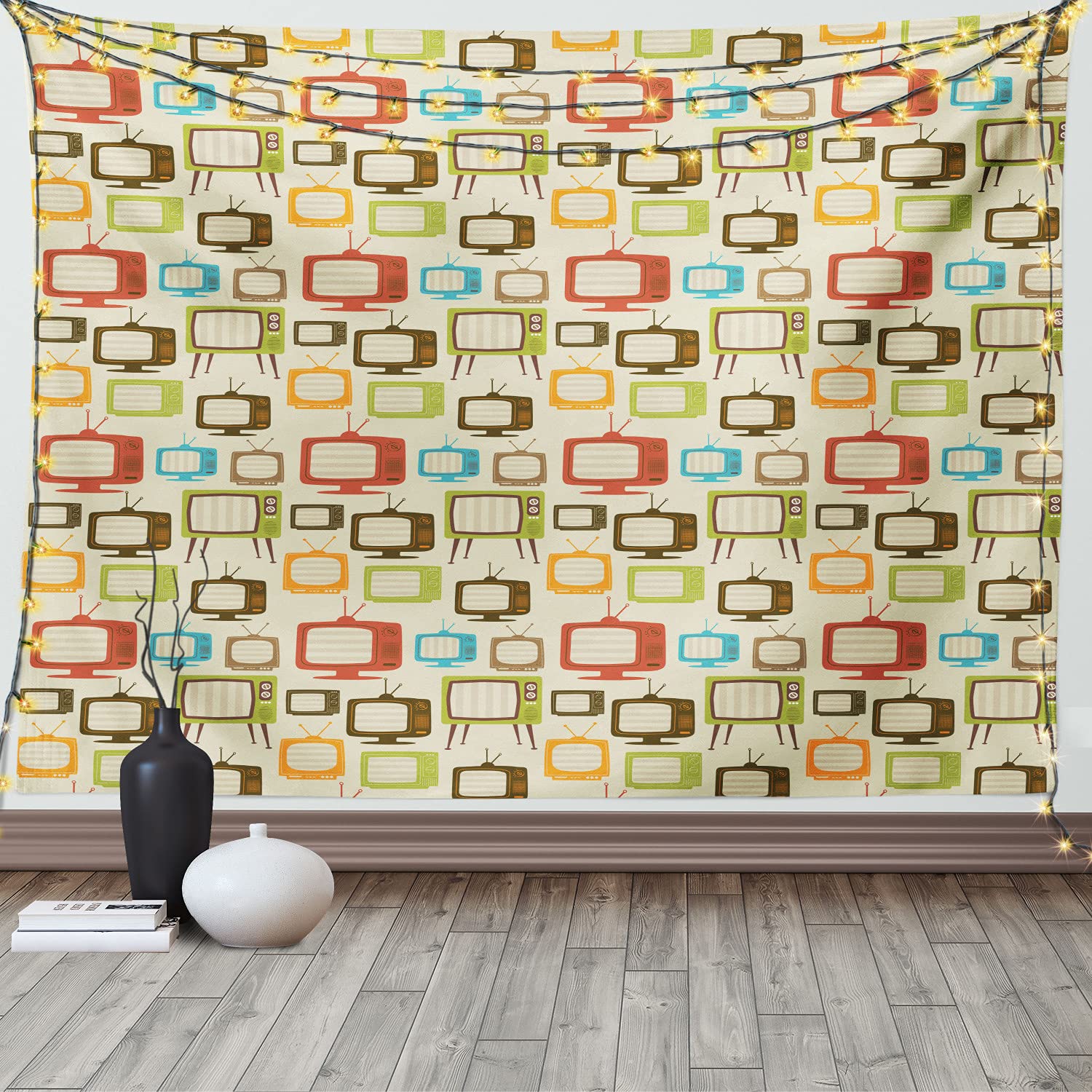 Vintage Retro TV Pattern Tapestry - Ambesonne Old Television Wall Art Decor in Multicolor, 60