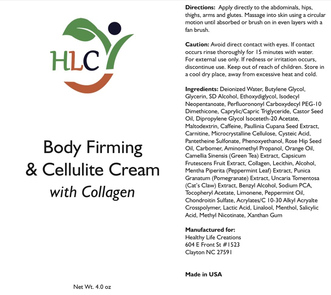 Body Firming & Cellulite Cream with Collagen (4 oz) - Visibly Reduce Cellulite, Dimpled Skin & Tighten Loose Areas | Anti-Cellulite Treatment for Thighs, Buttocks & Stomach | Daily Moisturizing Cream for Smooth Skin | Healthy Life Creations