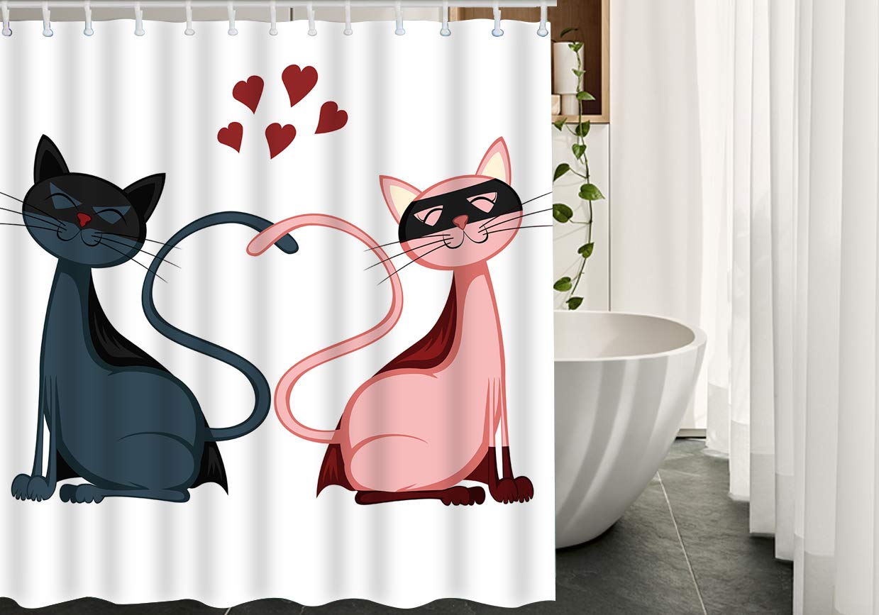 Cartoon Superhero Cats Couple in Love Heart Shower Curtain - 60x72 Inch Waterproof Polyester Bathroom Decor with Hooks - Perfect for Bathroom, Kids Room & Pet Lover Home Decor