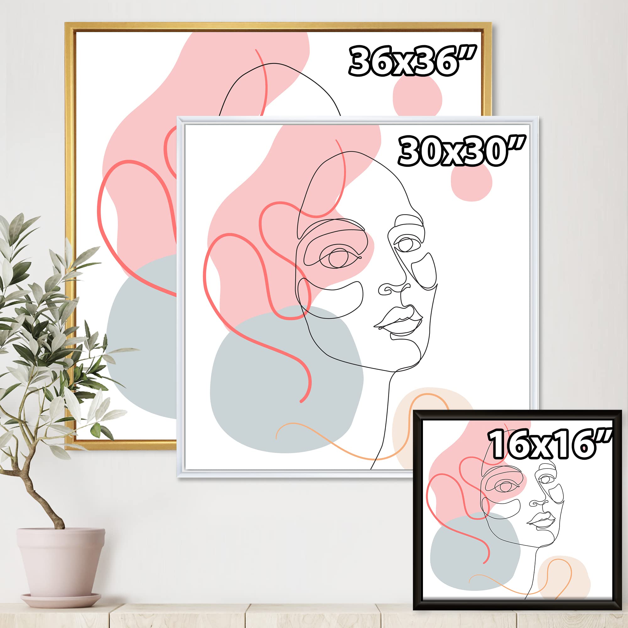 DesignQ Minimalist One Line Drawing of Young Woman in Pastel Tones - Modern Framed Canvas Wall Art Print for Living Room, Bedroom & Office Decor