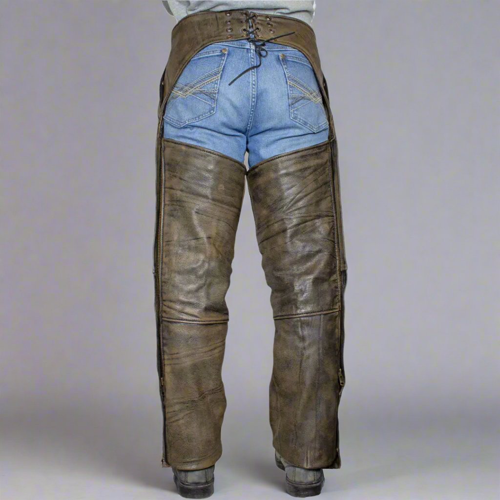 Open Road Men's Distressed Brown 4-Pocket Premium Leather Chaps for Motorcycle Riding, Biker Fashion & Cowboy Style