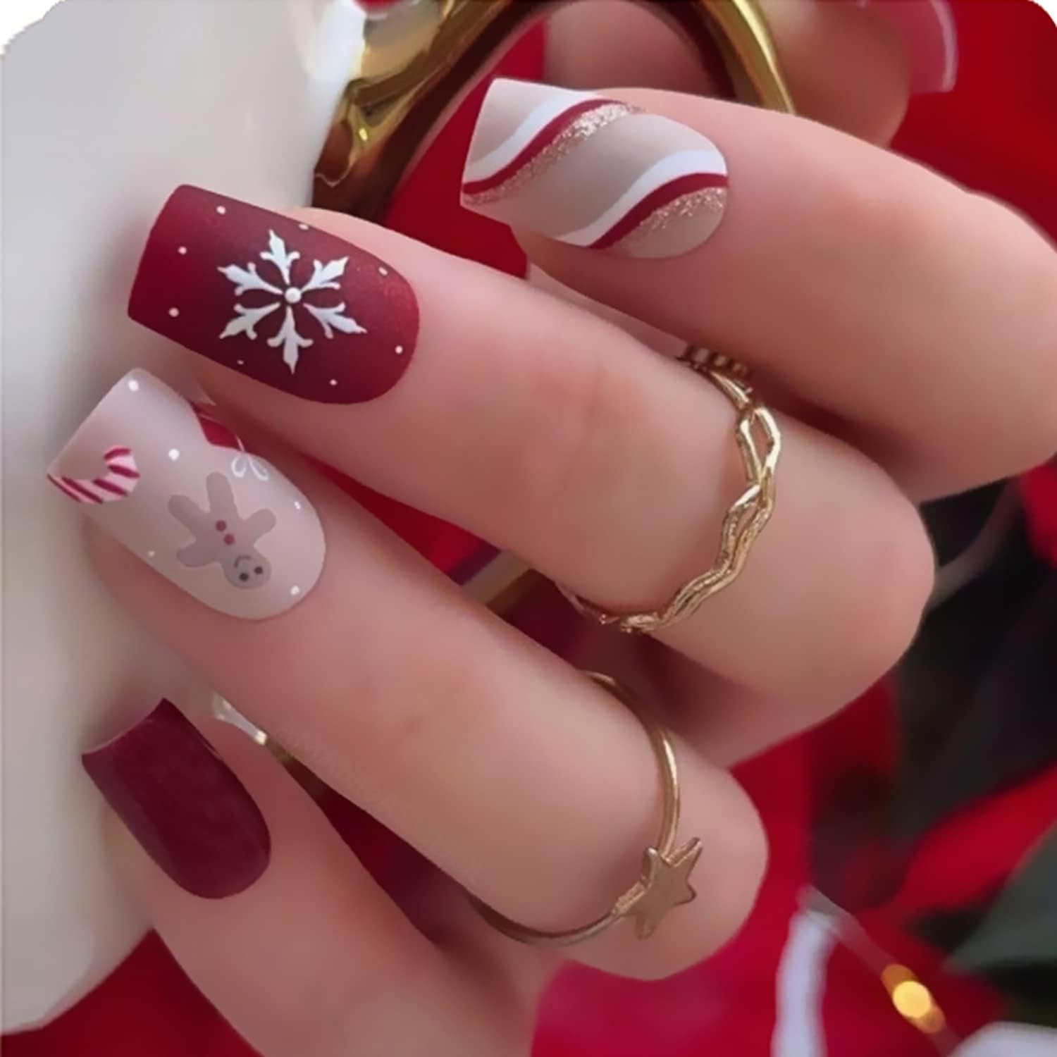 Christmas Press on Nails Medium Length - 24Pcs Matte Acrylic Fake Nails with Nail Glue - Snowflake Sled Stripe Design Artificial Nails for Women & Girls - Perfect for Holiday Parties, Gift Giving & Winter Manicure Decorations (Red)