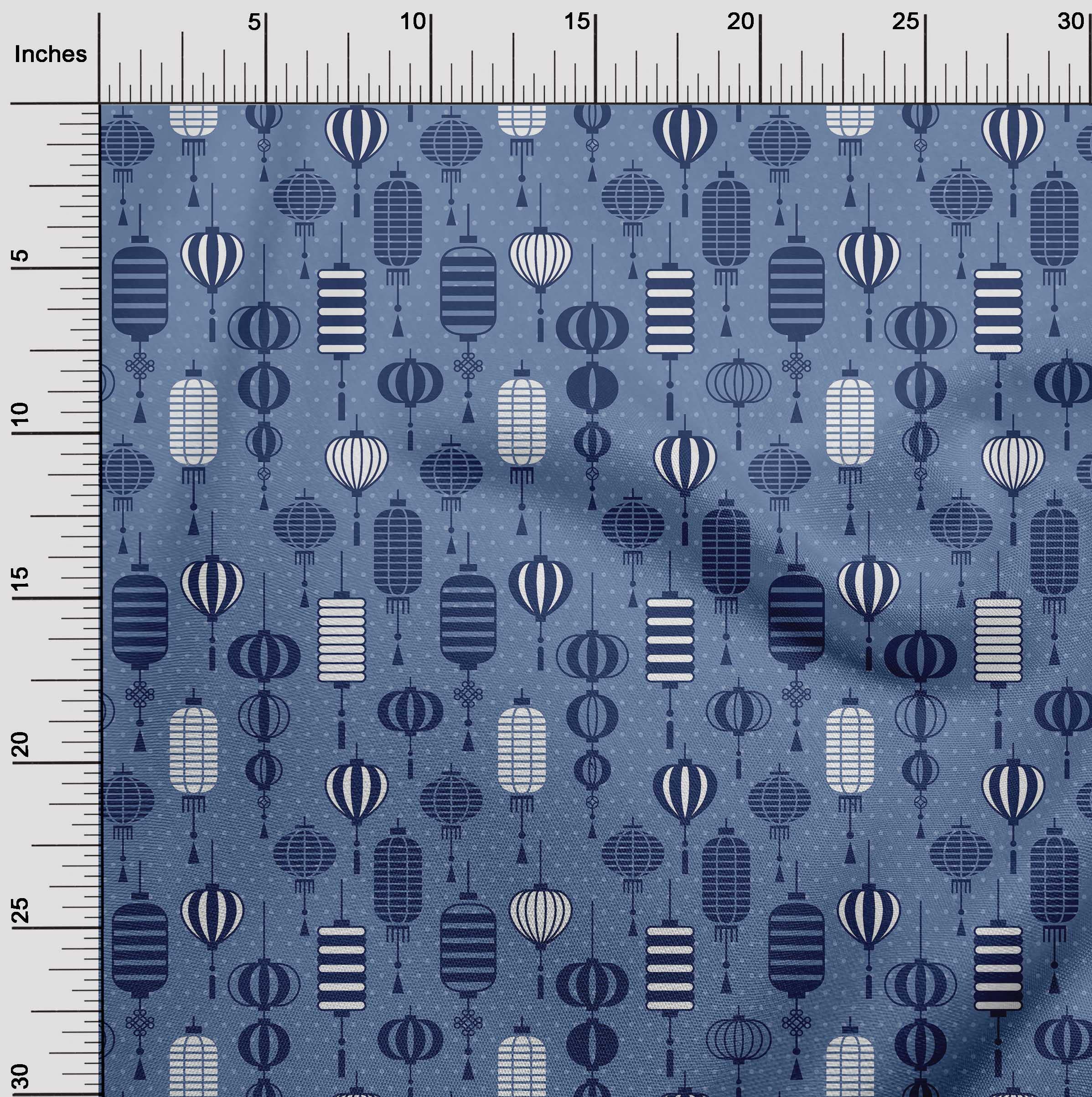 Velvet Blue Asian Chinese Lamps Print Fabric by The Yard - 58 Inch Wide Dress Material for Home Decor & Costume Design