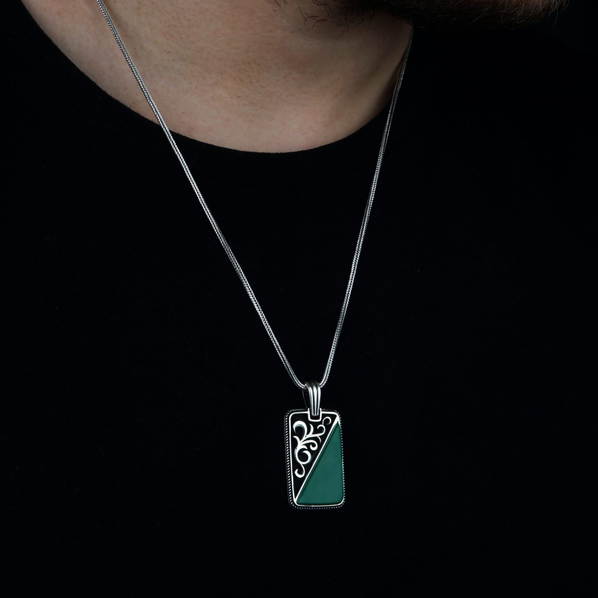 Men's Sterling Silver Necklace with Rectangle Pendant - Green Agate Silver Relief Jewelry for Him | Perfect Gift for Birthday, Anniversary & Special Occasions