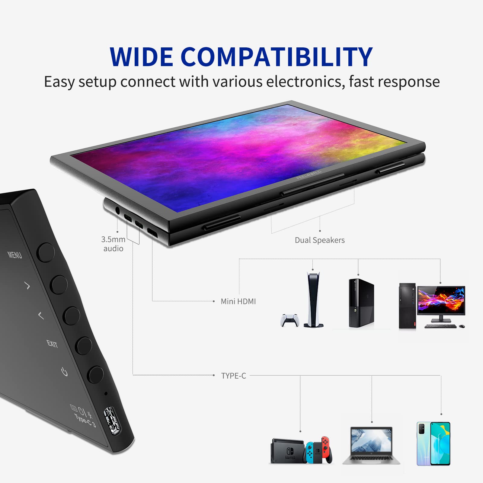 FEELWORLD DH101 10.1 Inch Portable Monitor - Full HD USB-C HDMI External Display with Dual Speakers for Laptop, PC, Mac, Phone, Raspberry Pi, PS4, PS5, Xbox & Nintendo Switch - Perfect for Work, Gaming & Entertainment On-The-Go