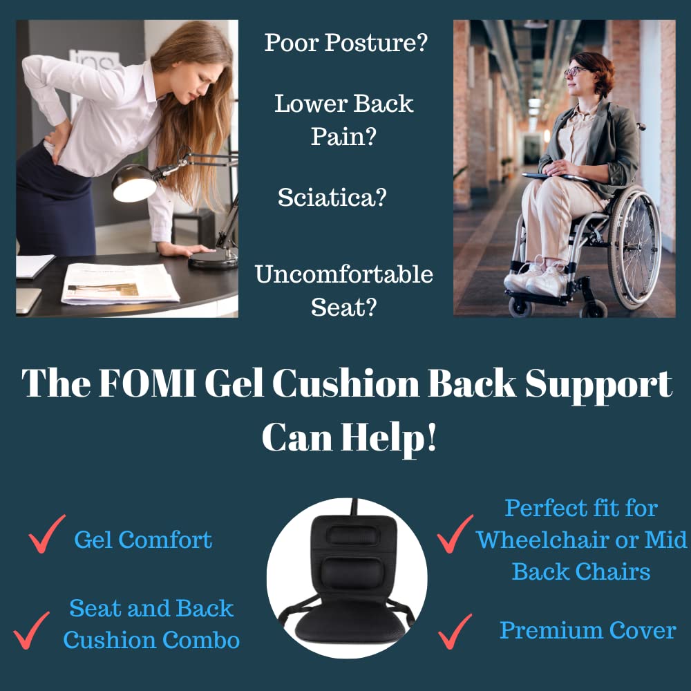 **FOMI Gel Wheelchair & Low Back Chair Cushion | Orthopedic Seat Pad with Firm Back Support & Lumbar Pillow | Pressure Relief for Coccyx Pain | Ideal for Wheelchairs, Cars, Trucks, Gaming Chairs & Office Use**
