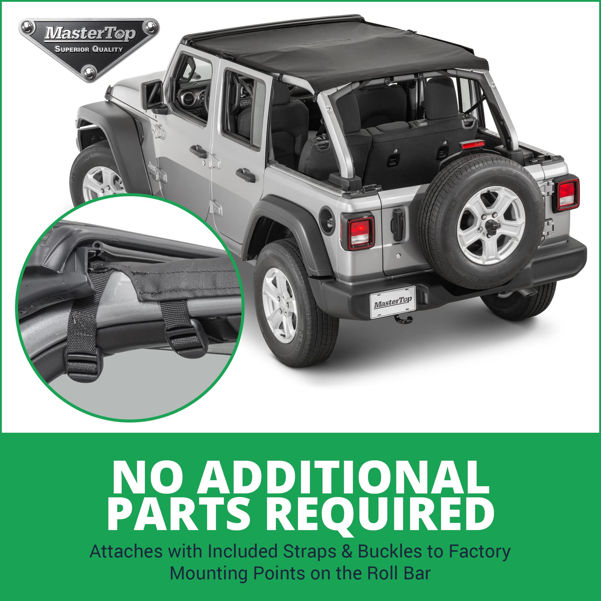 MasterTop Bimini Top Summer Soft Top for Jeep Wrangler JLU JL Unlimited 4-Door (2018-2023) - Black MasterTwill Sunshade & Bikini Top - Perfect for Beach Trips, Off-Road Adventures & Summer Driving