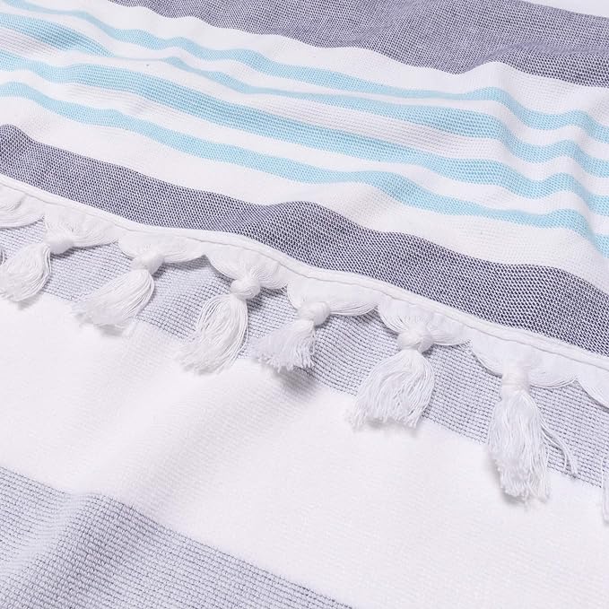 Coastal Resort Stripe Fouta 2-Piece Beach Towel Set with Tassels - Soft & Absorbent for Pool, Beach, Spa & Outdoor Use