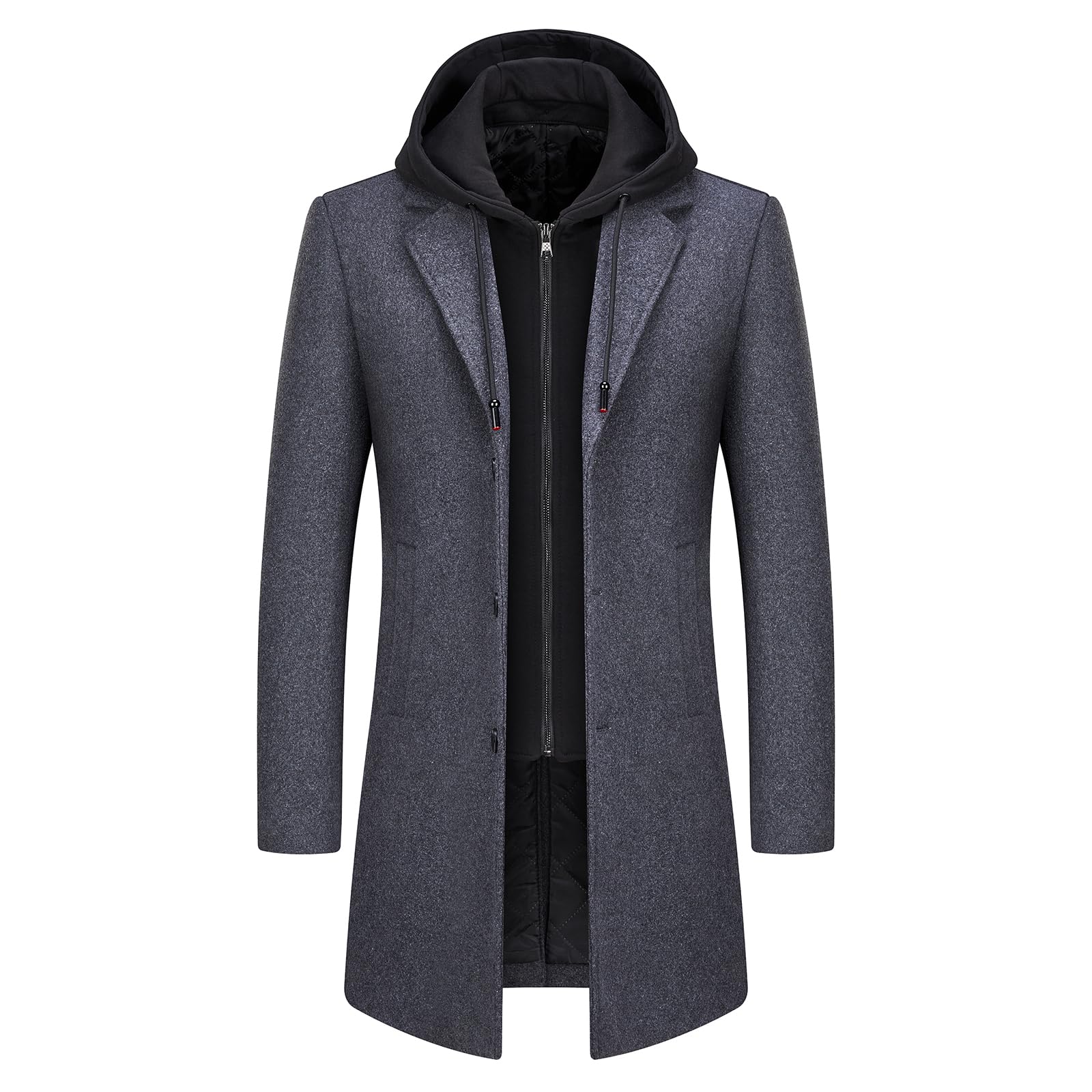 Premium Men's Wool Blend Trench Coat with Detachable Hood - Warm Winter Overcoat for Business, Office & Outdoor Activities