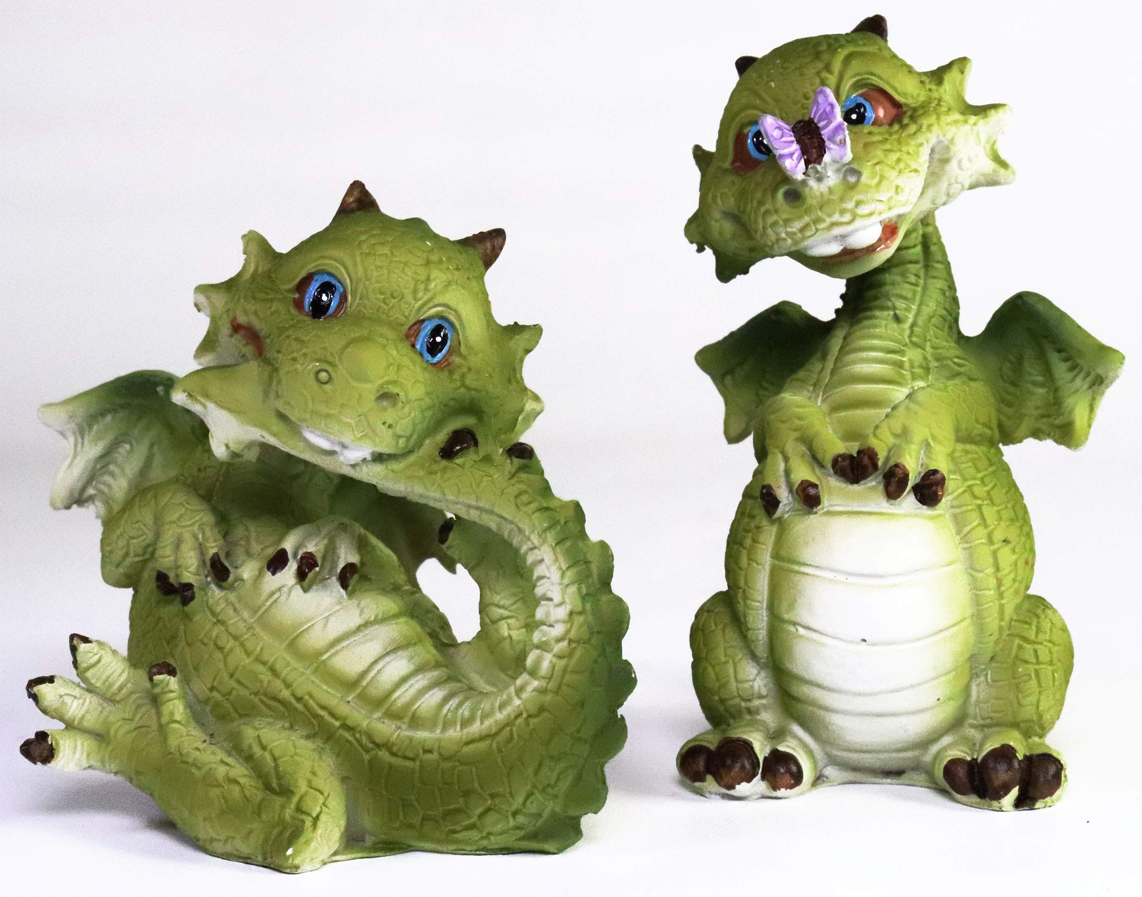 2 Pack Blue-Eyed Baby Dragon Figurines with Buck Teeth - Tommy & Sis Dragon Statue Set with Butterfly on Nose & Tail Biting Design - Perfect for Fantasy Decor, Kids Room, D&D Collectibles and Gift Giving